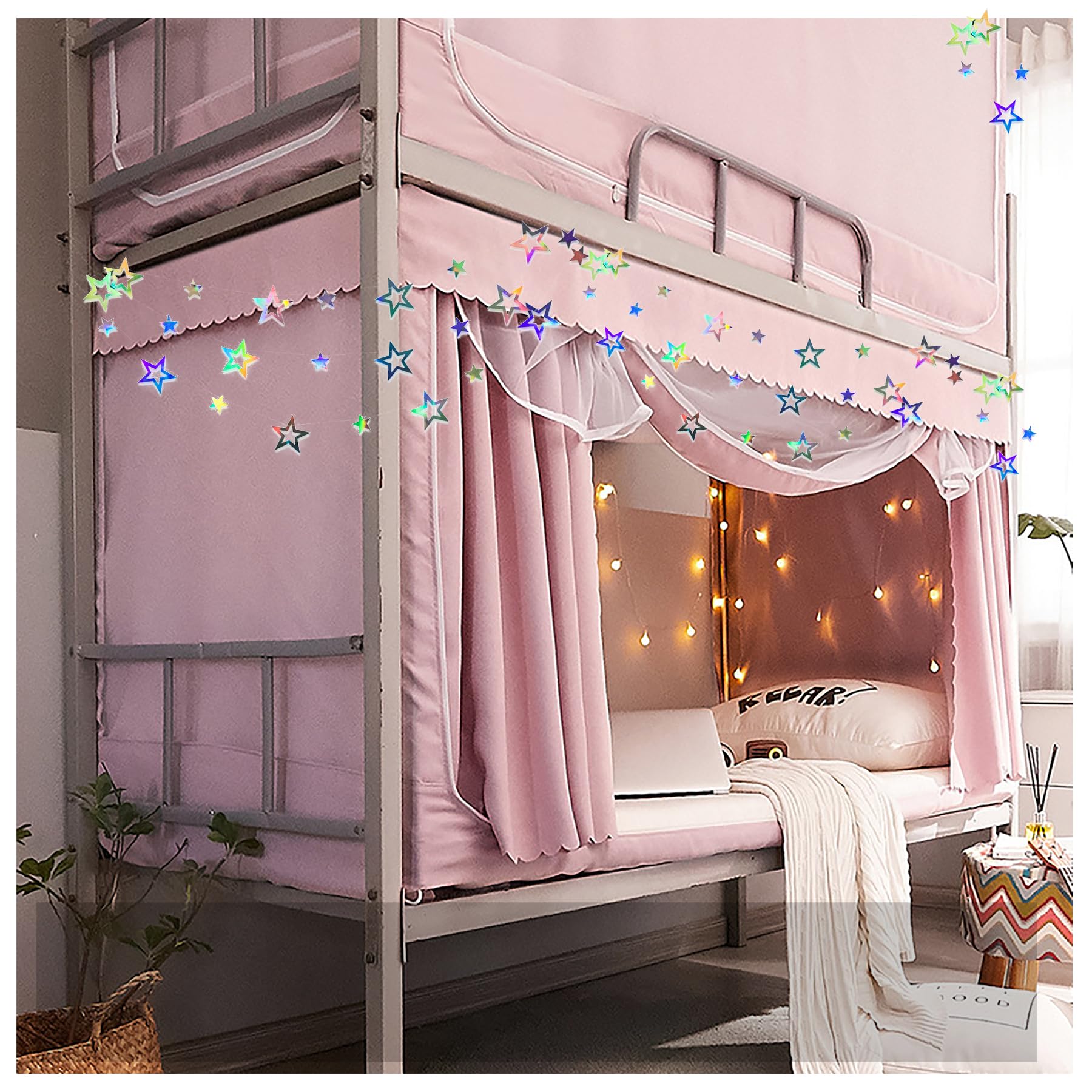 **ATKITS Canopy Bed Curtains & Bunk Bed Tent - Twin Top Bunk Bed Cover with Frame Post Poles, Starry Pink Design for Dorm Rooms & Kids' Bedrooms | Perfect for Student Dorm Decor, Privacy & Cozy Sleeping Space**
