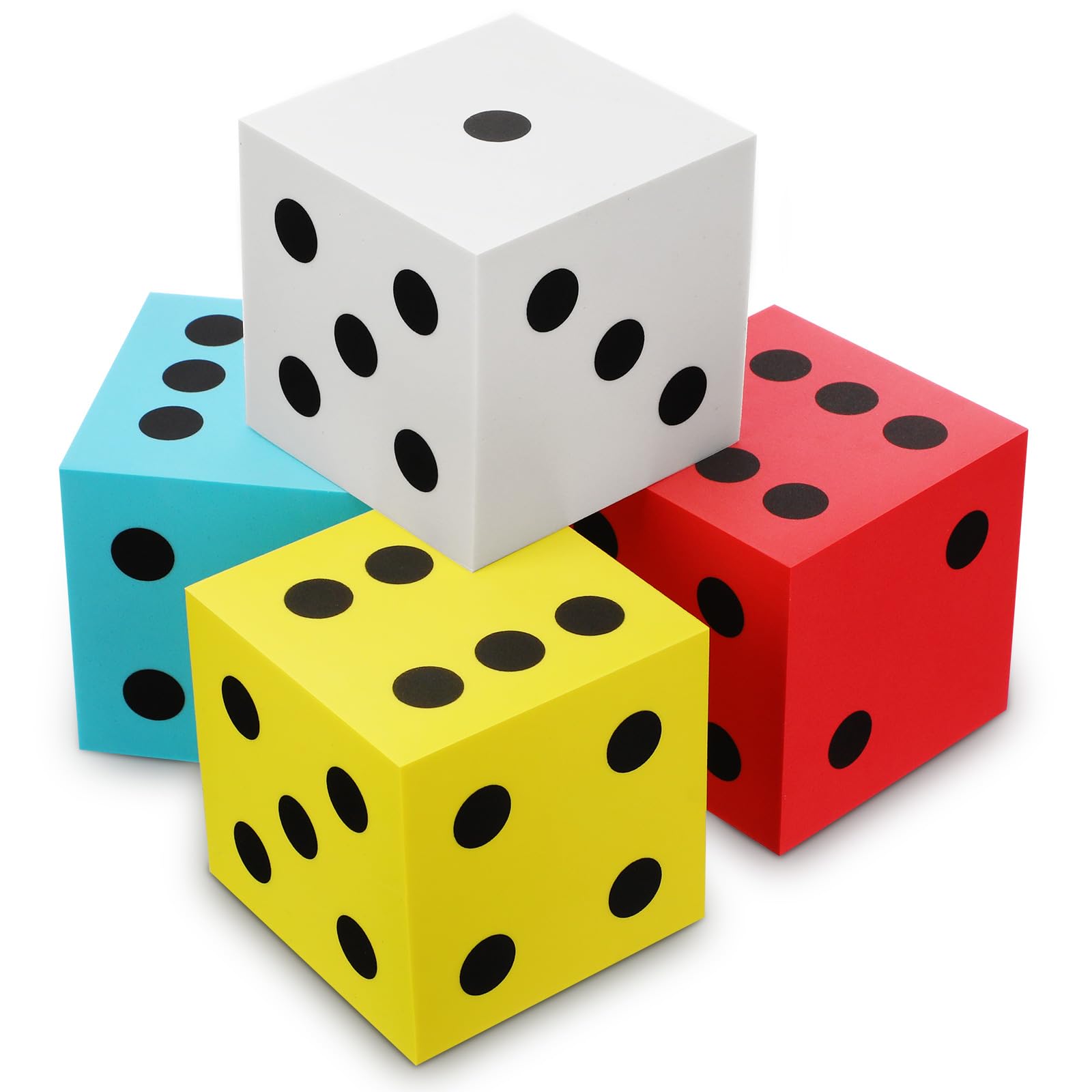 Shappy 4-Piece Jumbo 3.5 Inch Foam Dice Set with Number Dots - Giant Soft Cube for Math Games, Classroom Activities, Christmas Parties & Gift Bags (Red, Yellow, Blue, White) - Perfect for Educational Toys, Board Game Nights, and Kids' Birthday Party Favors