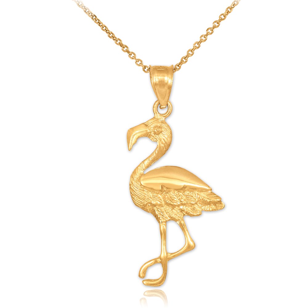 10k Yellow Gold Flamingo Charm Pendant Necklace - Animal Jewelry for Women, Gift for Her, Birthday, Anniversary, Beach Vacation Accessories