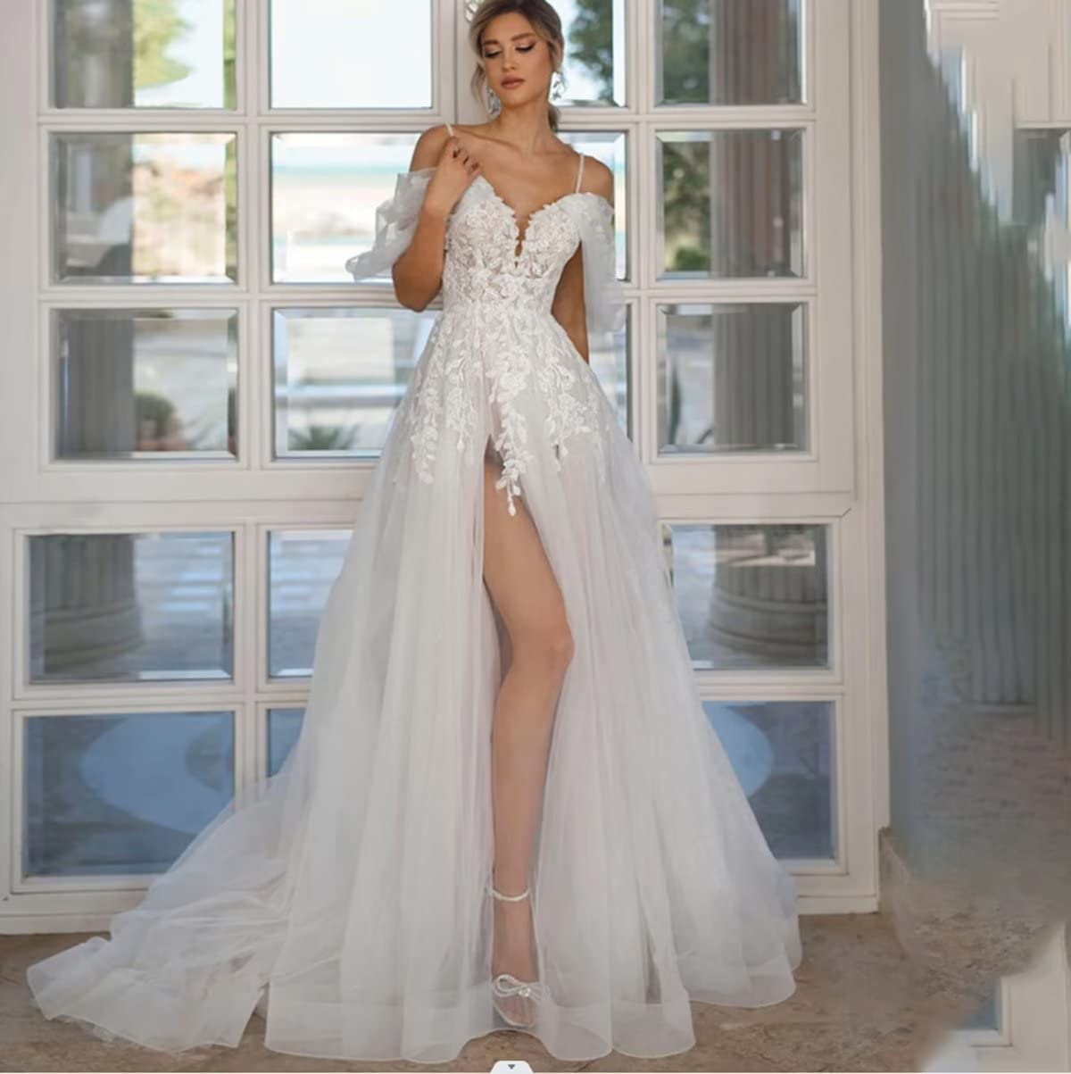 Elegant Off-Shoulder Long Lace Tulle Beach Wedding Dress with Slit & Sweep Train – Perfect for Beach Brides, Destination Weddings & Romantic Photoshoots
