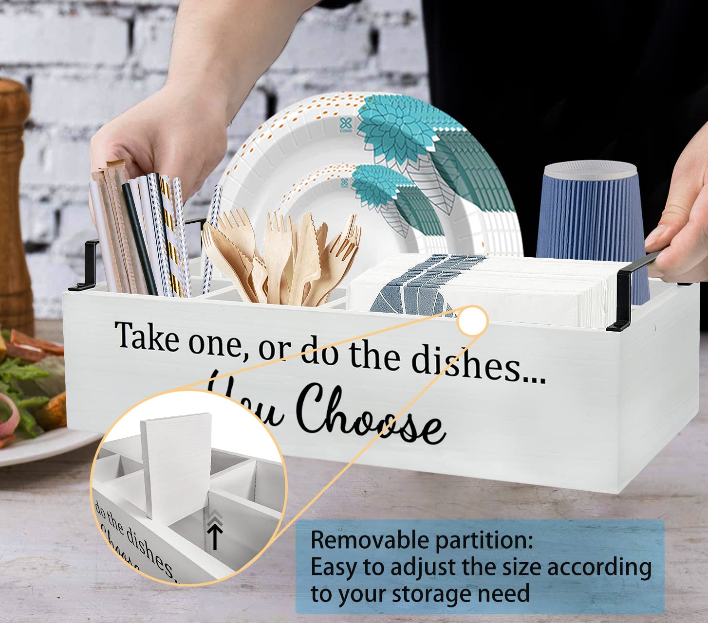 Wooden Paper Plate Holder for Kitchen Counter - Under Cabinet Organizer with Large Cup Holder - Perfect for Parties, Picnics & BBQs - Silverware & Utensil Caddy for Dining Room & Outdoor Events