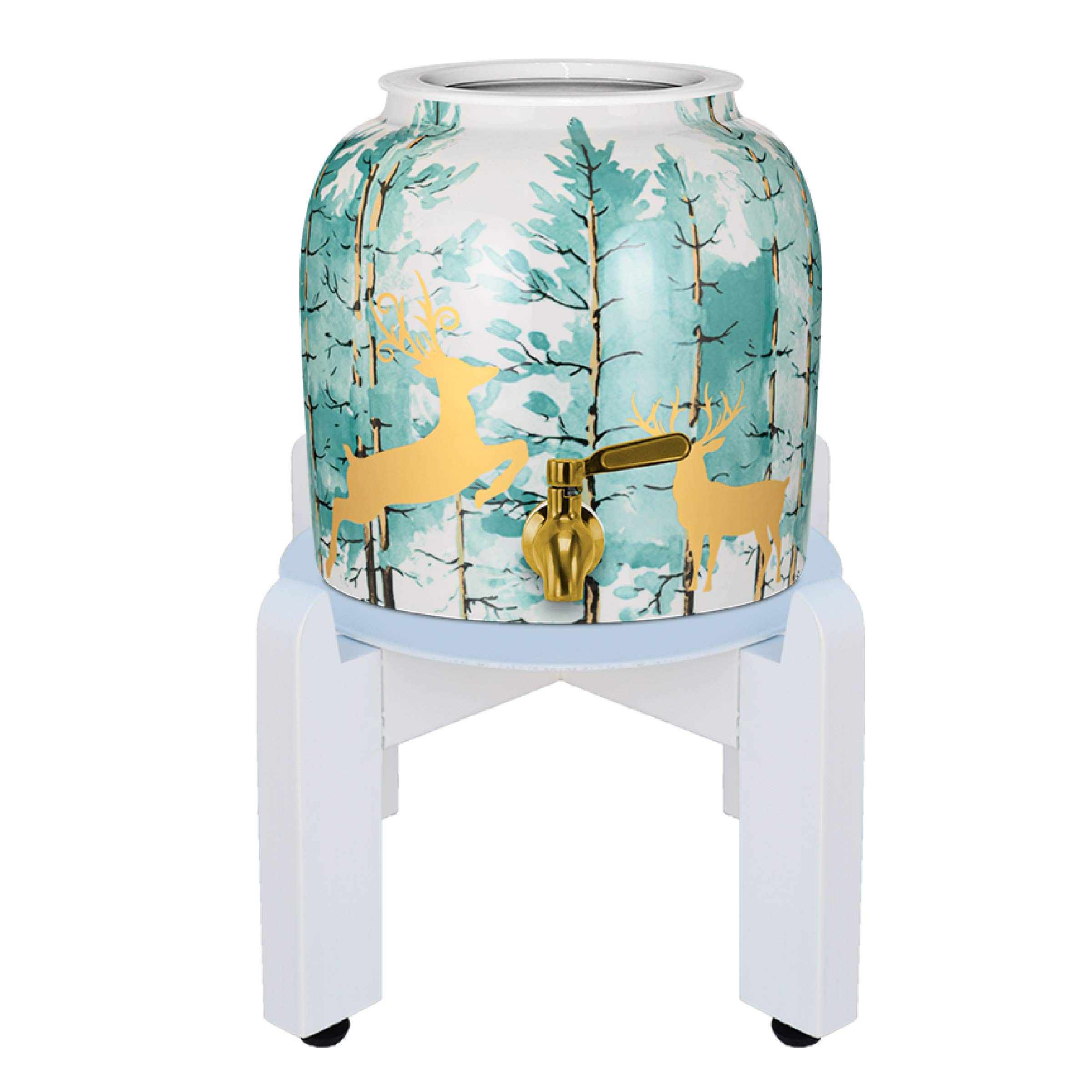 Geo Sports 3-5 Gallon Porcelain Water Dispenser with Wood Stand - Deer & Pine Tree Design, Stainless Steel Faucet & BPA-Free - Perfect for Home, Office, and Outdoor Events