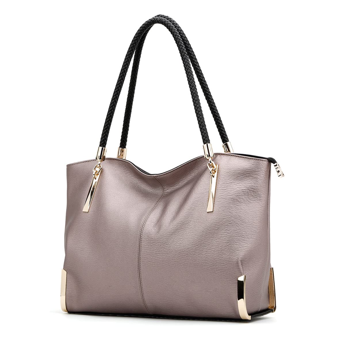 Premium Large Split Leather Zipper Tote Bag with Woven Handle - Stylish Women's Work & Travel Tote - Perfect for Office, Commute & Weekend Getaways