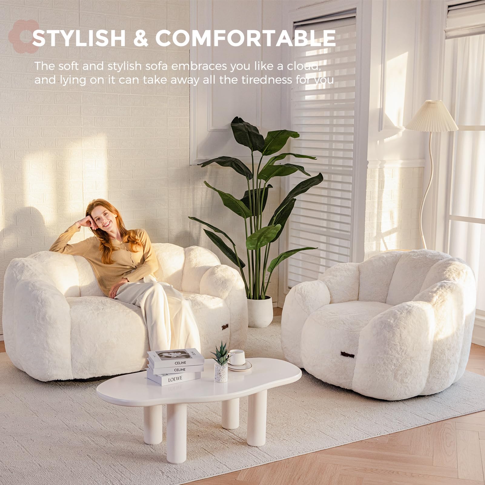 MAXYOYO Ultra Soft Faux Fur Bean Bag Chair - Double Size Loveseat with Floral Petal Back Design for Adults (Beige) | Perfect for Living Room, Bedroom, Dorm & Game Room Relaxation