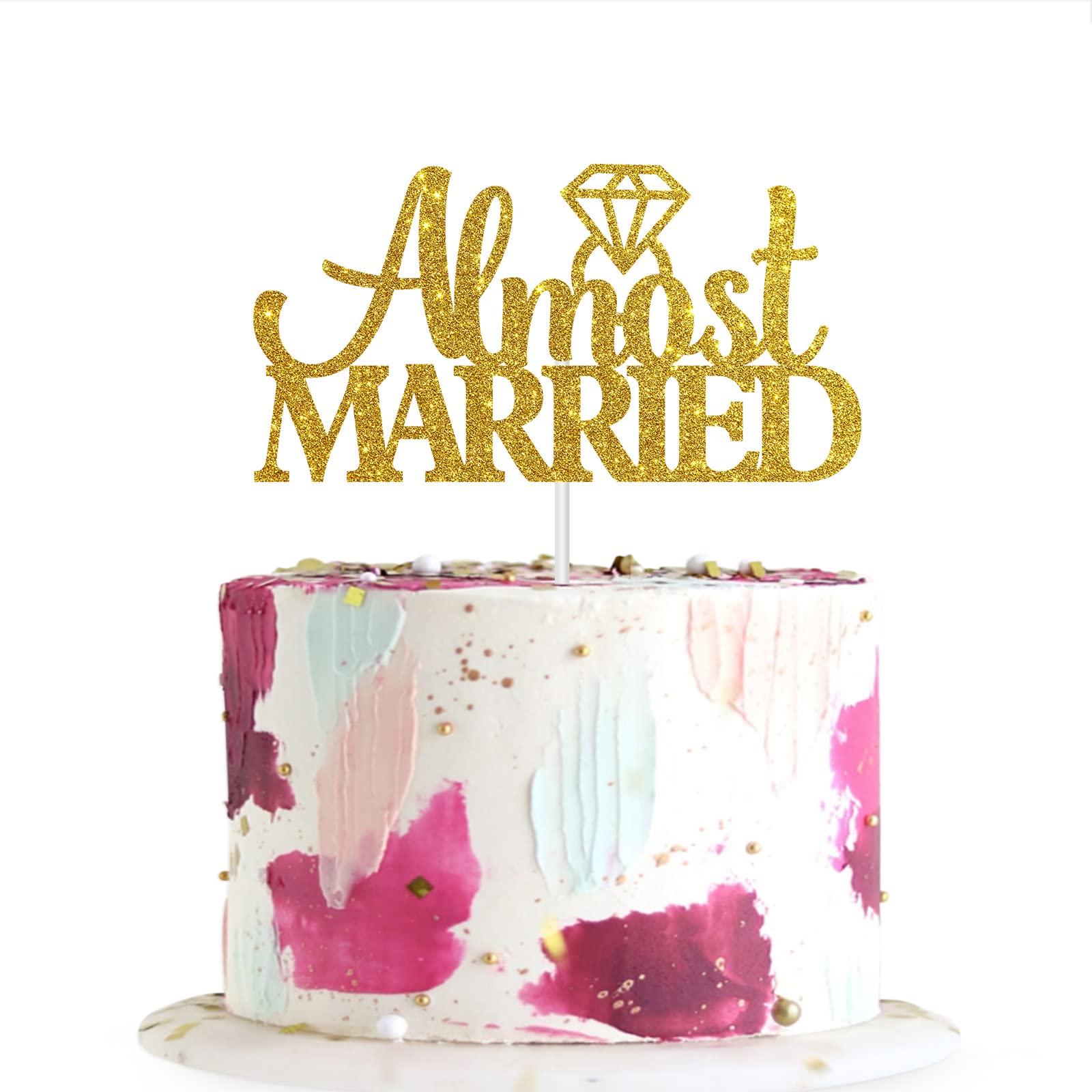 Gold Glitter Almost Married Cake Topper - Wedding Cake Decoration for Engagement, Bridal Shower & Just Married Parties | Elegant Cake Topper for Wedding Cakes, Anniversary Cakes & Celebration Desserts