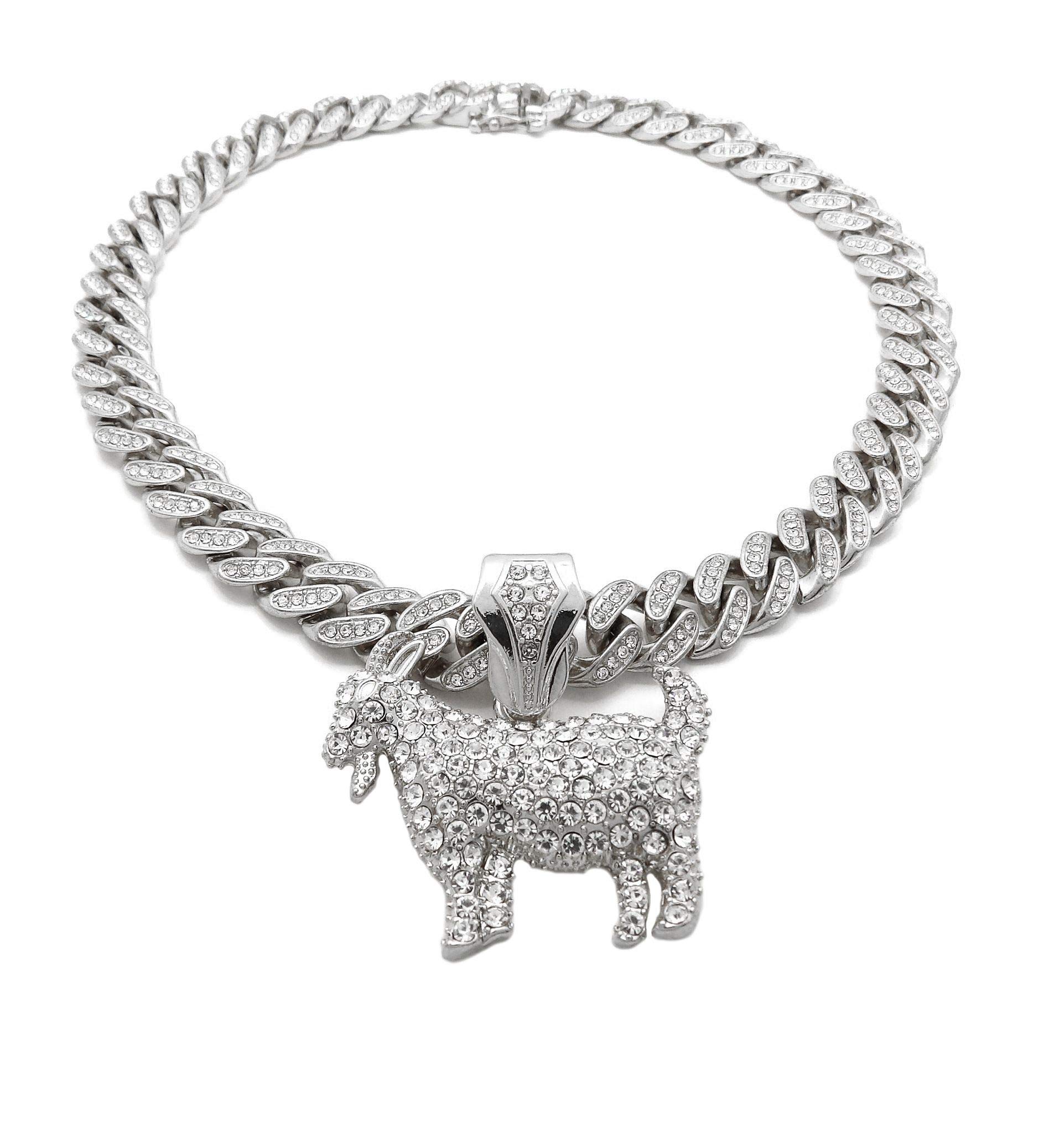 NYFASHION101 12mm Iced Out Miami Cuban Chain Necklace with Stone Stud Horned Goat Pendant - Hip Hop Jewelry for Men, Streetwear Accessory, Gift for Rappers & Bikers