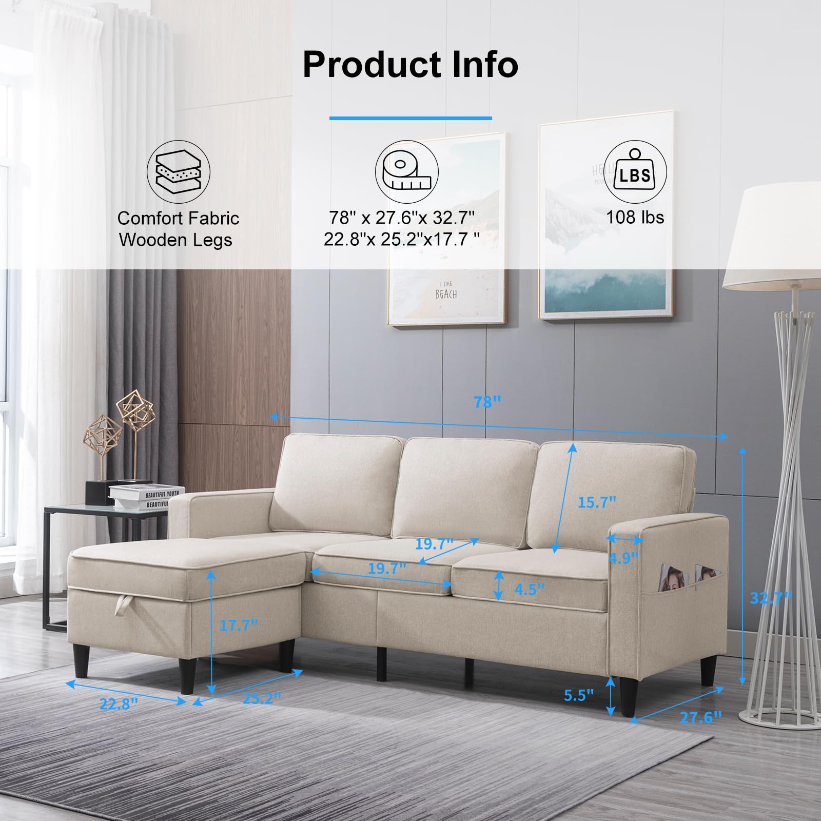 Modern L-Shaped Sectional Sofa with Chaise and Storage - 2-Piece Modular Couch Set for Small Spaces, Living Room, Apartment & Bedroom - Beige Fabric - Perfect for Entertaining Guests or Relaxing in Compact Homes