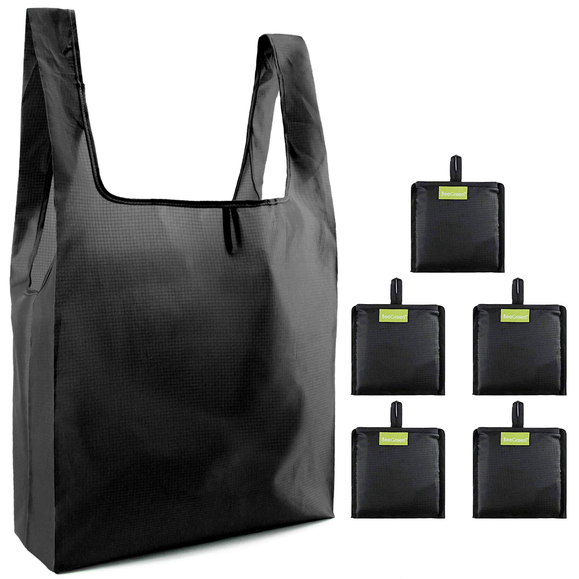 **BeeGreen 5-Pack Large Reusable Grocery Bags - Foldable Shopping Tote with Attached Pocket, Machine Washable & Eco-Friendly for Groceries, Market, Travel & Storage**