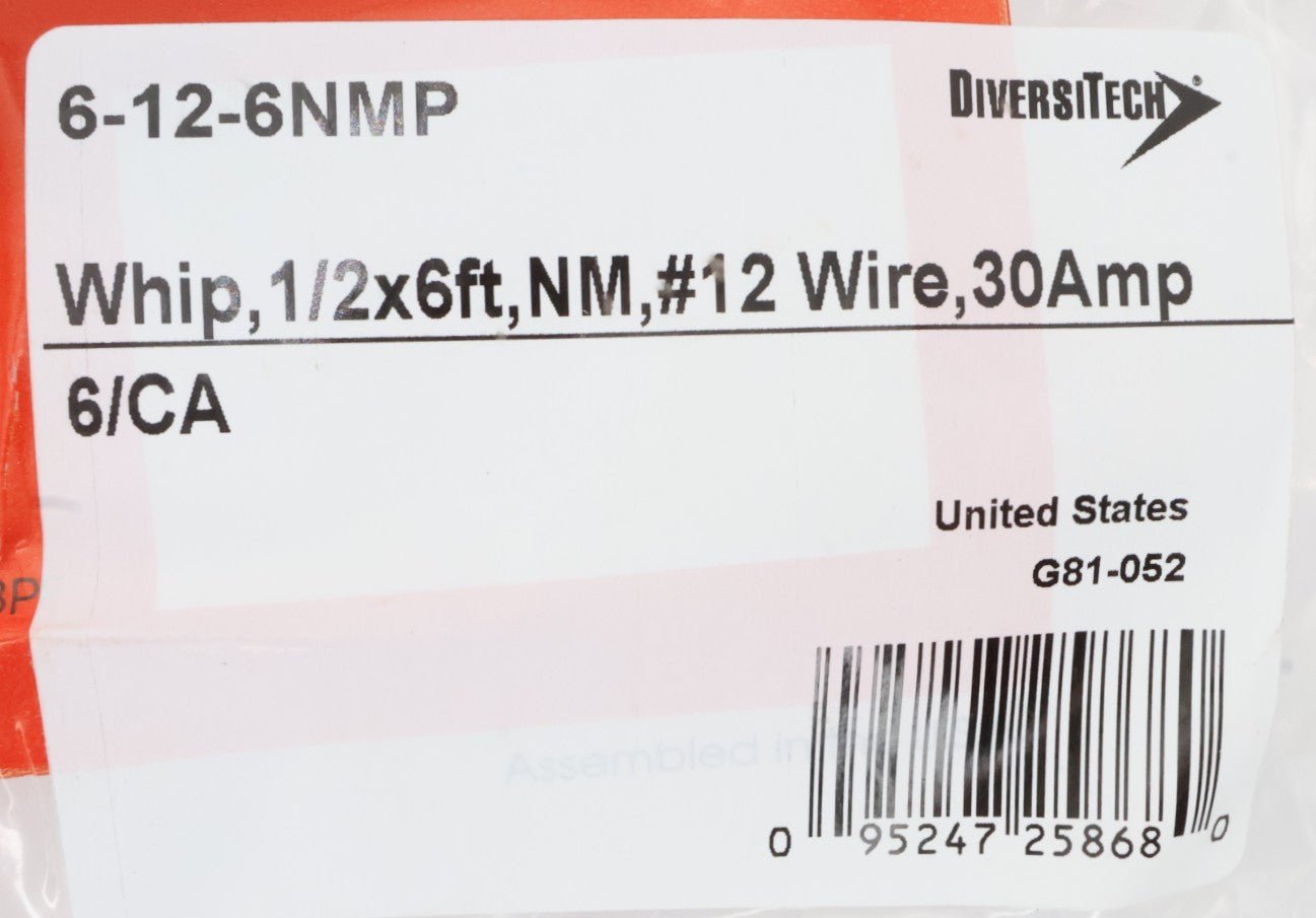 DiversiTech WHIP KIT 1/2in x 6ft #12 THHN Wire with Non-Metallic Connectors (6-12-6NMP) - Perfect for HVAC Electrical Installations and Appliance Wiring