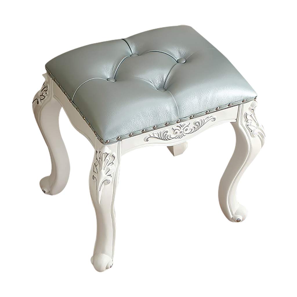 DLGF Padded Makeup Stool - Baroque Style Dressing Table Bench Chair with Soft Cushion, White & Blue - Perfect for Vanity, Bedroom, and Piano Seating