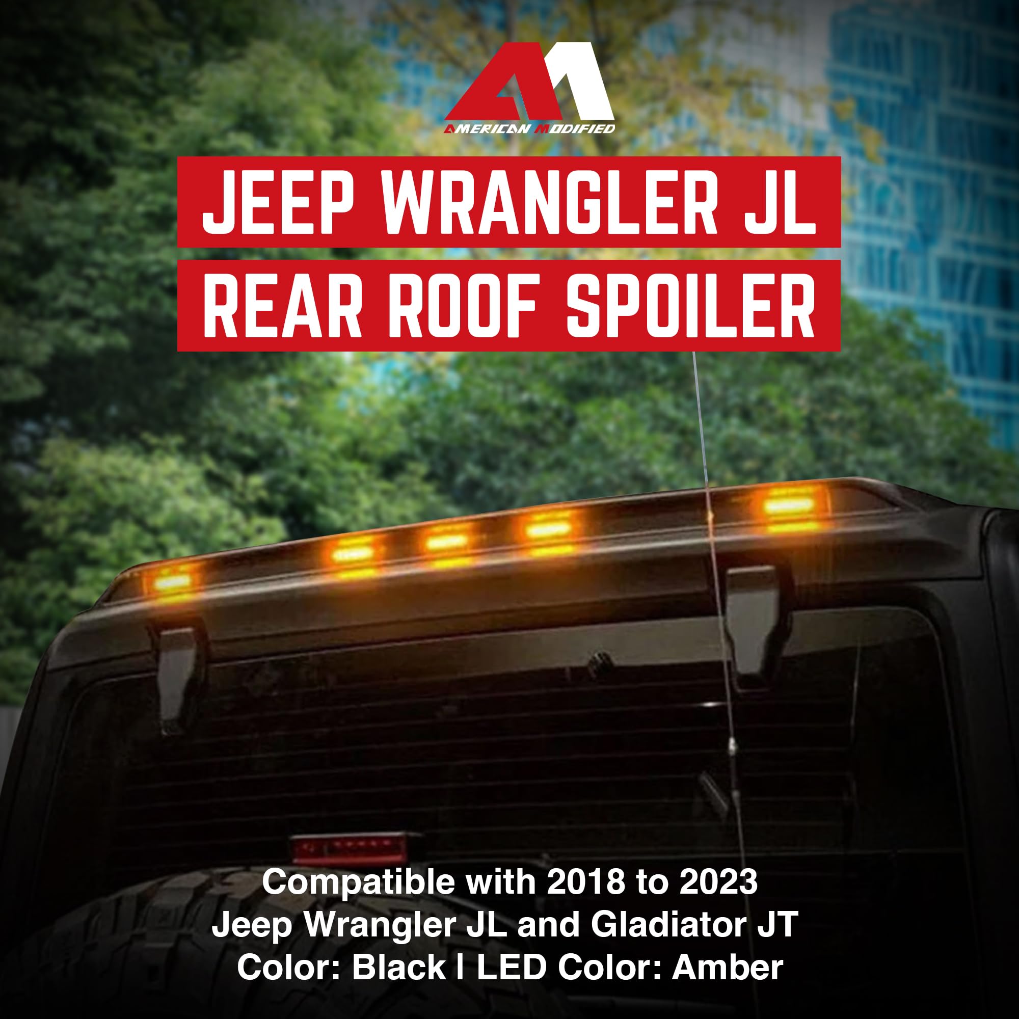 2018-2024 Jeep Wrangler JL Black Rear Roof Spoiler with Amber LED Lights | Aerodynamic Upgrade for Off-Road & Street Driving