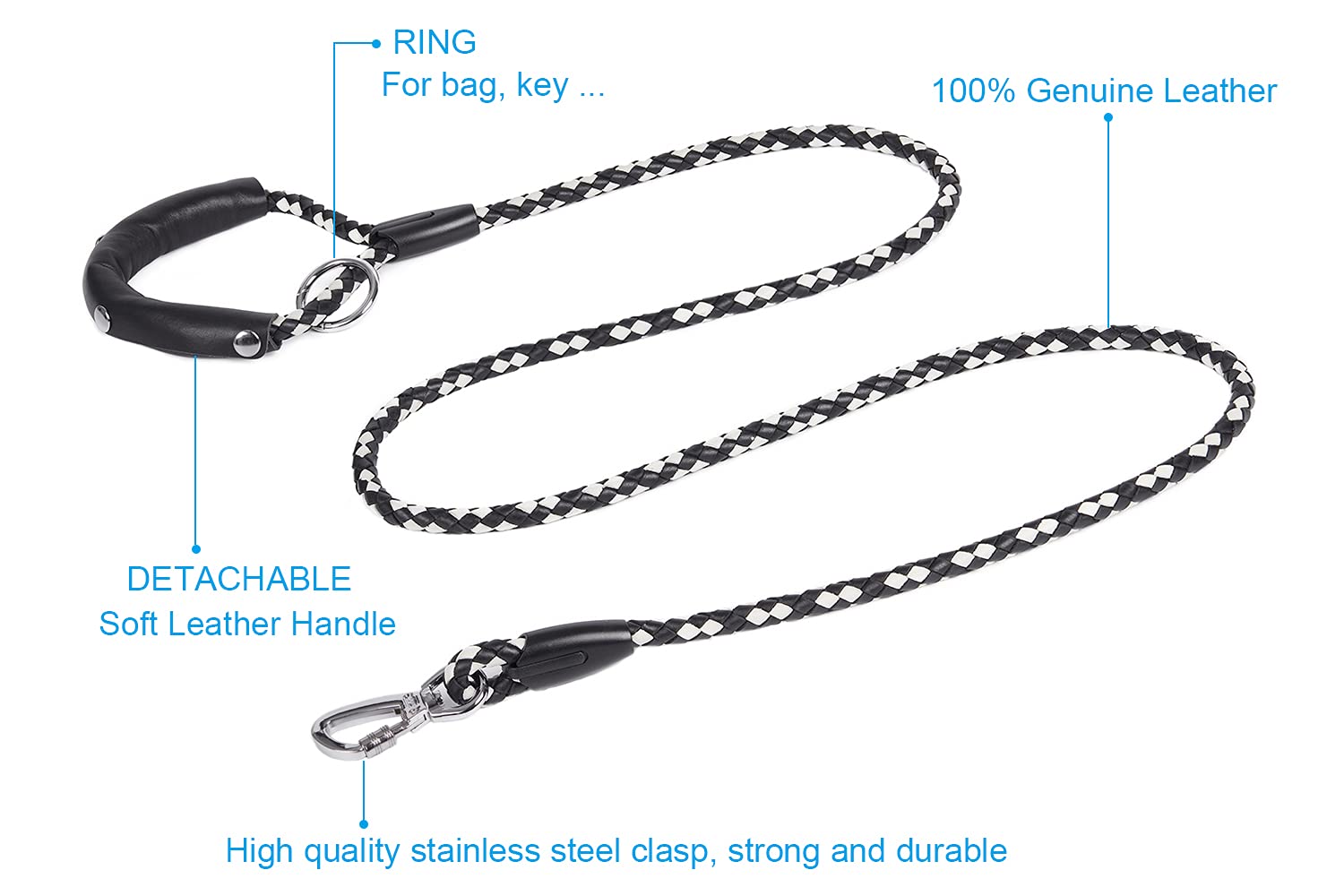 Premium Braided Leather Dog Leash - 4FT/5FT/6FT Heavy Duty Training Leash for Large, Medium & Small Dogs | Durable Walking & Running Leash for Pets (Black/White, 2/5