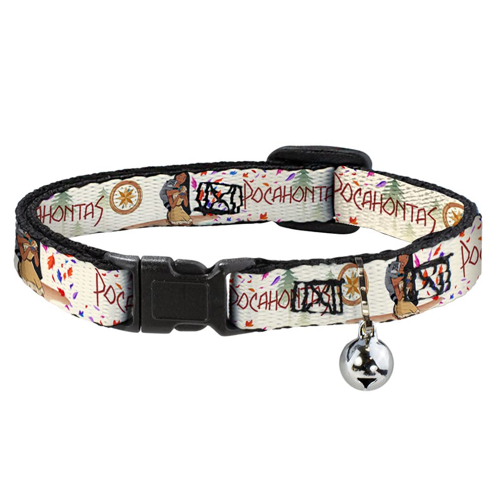 Breakaway Cat Collar with Bell - Pocahontas & Meeko Design, Beige, 8.5-12 Inch Adjustable, 0.5 Inch Wide - Perfect for Disney Fans & Safe Kitty Adventures