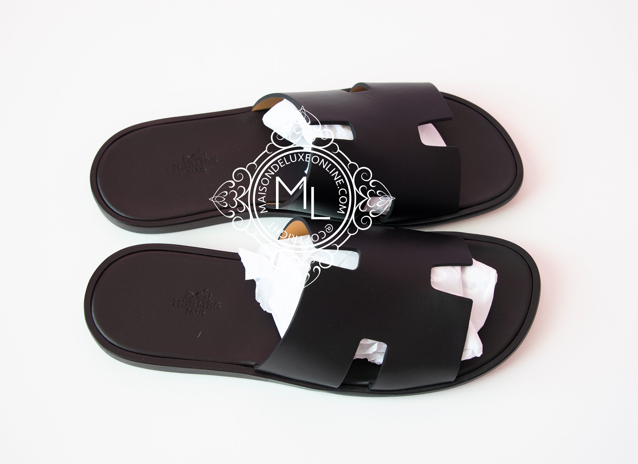 Hermes Men's Black Izmir Sandal Size 43 | Luxury Leather Slide Sandals for Men | Perfect for Summer, Beach & Casual Wear
