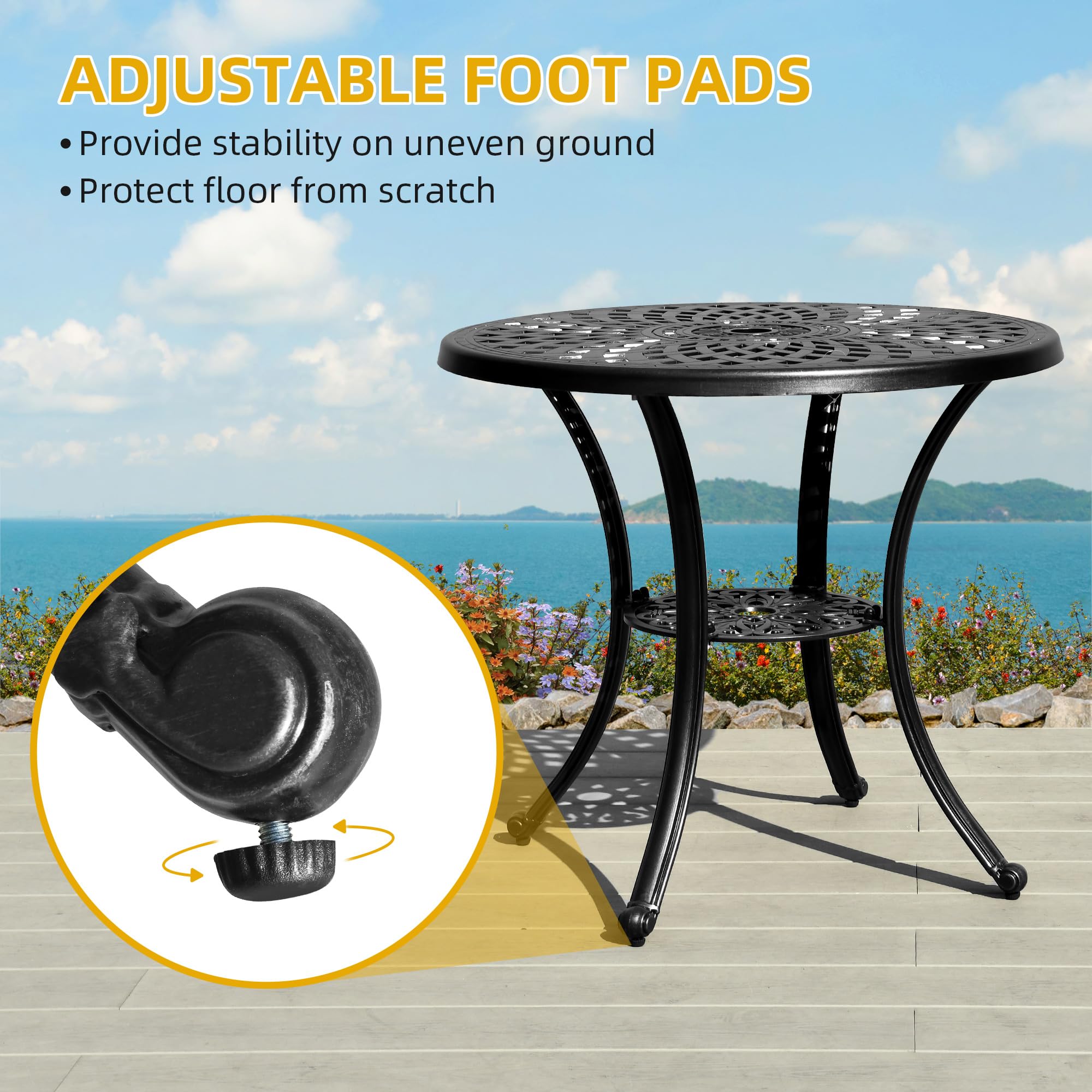 DWVO 30-Inch Round Outdoor Dining Table with Umbrella Hole - Antique Cast Aluminum Patio Bistro Table for Backyard, Garden, Deck, Porch - Weather-Resistant Black Side Table for Outdoor Entertaining & Relaxation