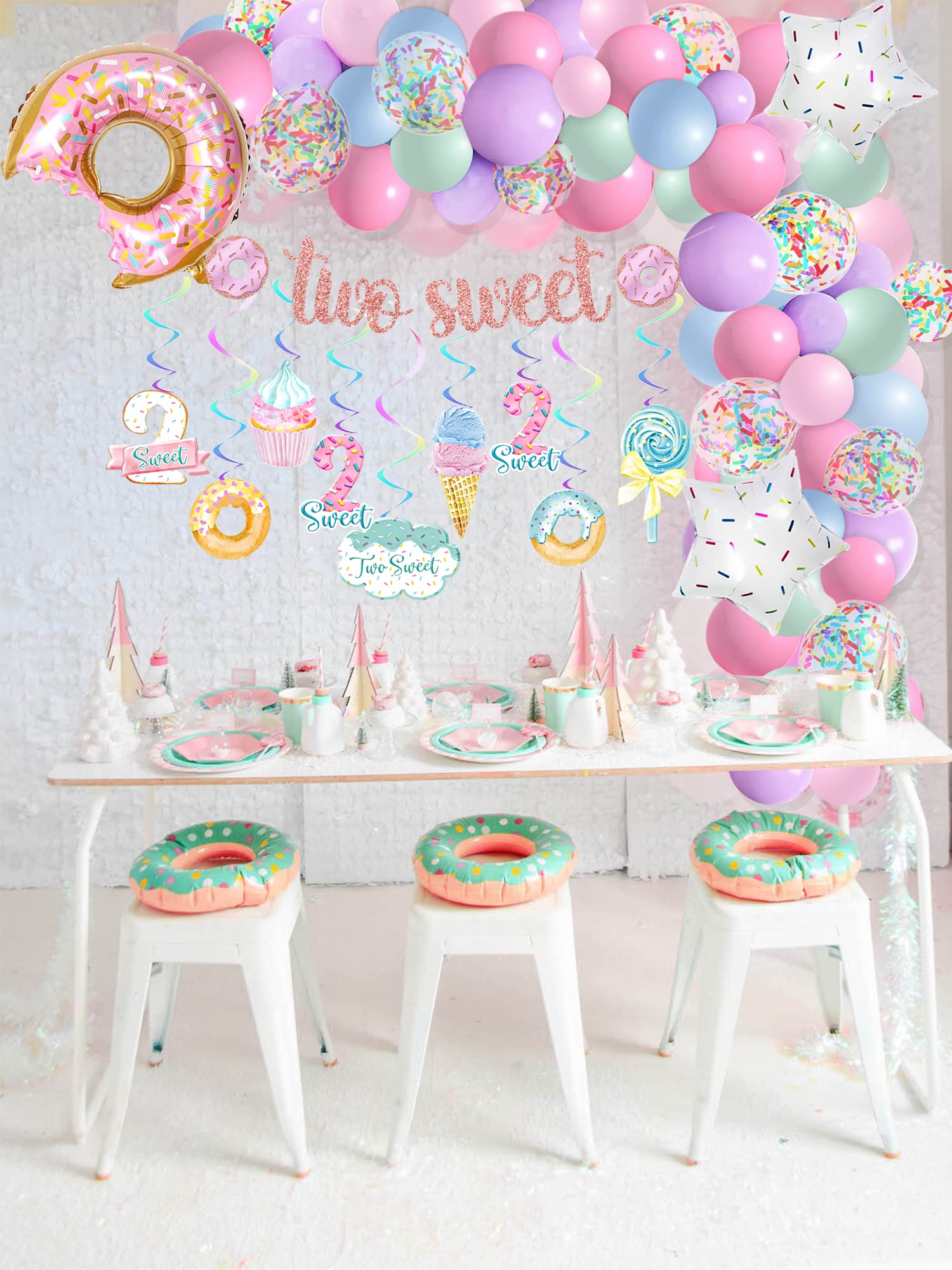 2nd Birthday Party Decorations for Girls - Donut Theme Banner, Cake Topper & Balloon Garland Set - Perfect for Baby's 2nd Birthday Celebrations, Photo Backdrops and Sweet Themed Parties