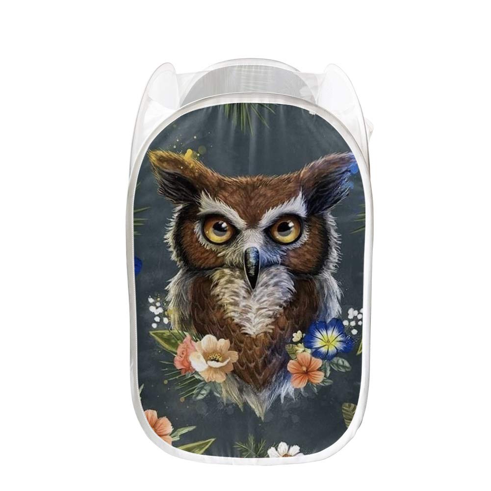 PZZ BEACH Floral Owl Print Mesh Pop-up Laundry Hamper - Collapsible Clothes Basket for Bathroom, Bedroom & Closet | Durable Fabric Storage Organizer | Perfect for College Dorms, Apartments & Travel