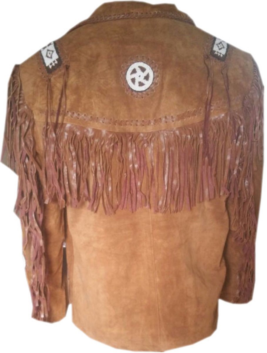 LEATHERAY Men's Western Cowboy Jacket - Fringe & Beaded Suede Leather Coat in Brown | Perfect for Rodeo, Country Music Festivals & Western Style Outfits
