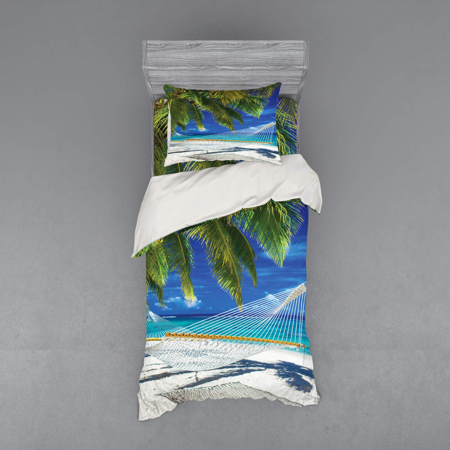Ambesonne Beach Bedding Set - 3 Piece Duvet Cover with Sham & Fitted Sheet, Twin XL Size, Cream Navy Green - Tropical Palm Coconut Hammock Design, Coastal Nature Art - Perfect for Beach House, Vacation Rental or Tropical Bedroom Decor
