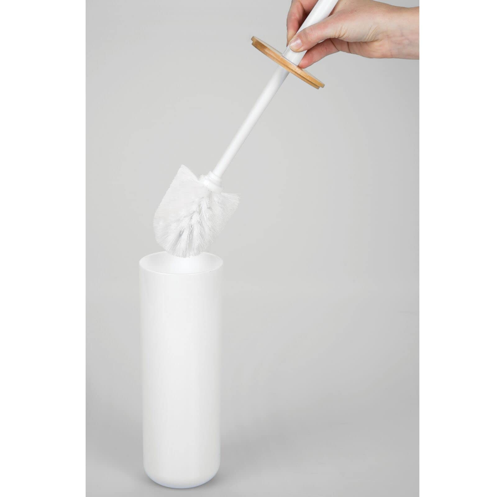 mDesign Plastic Toilet Bowl Brush with Bamboo Lid Cover - 2 Piece Bathroom Organizer Set, Natural/White - Space Saving Bathroom Storage Solution for Small Spaces & Modern Decor