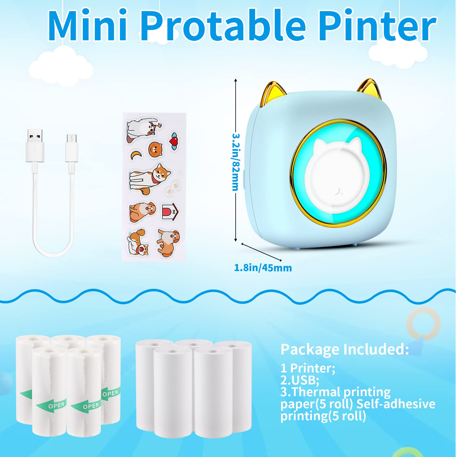 HuiJuKeJi Mini Sticker Printer - Portable Bluetooth Thermal Printer for iOS & Android with RGB Light, 10 Rolls Thermal Paper & Sticker - Perfect for Photo Journaling, Notes, Memos & Receipt Printing at Home, Office or Travel