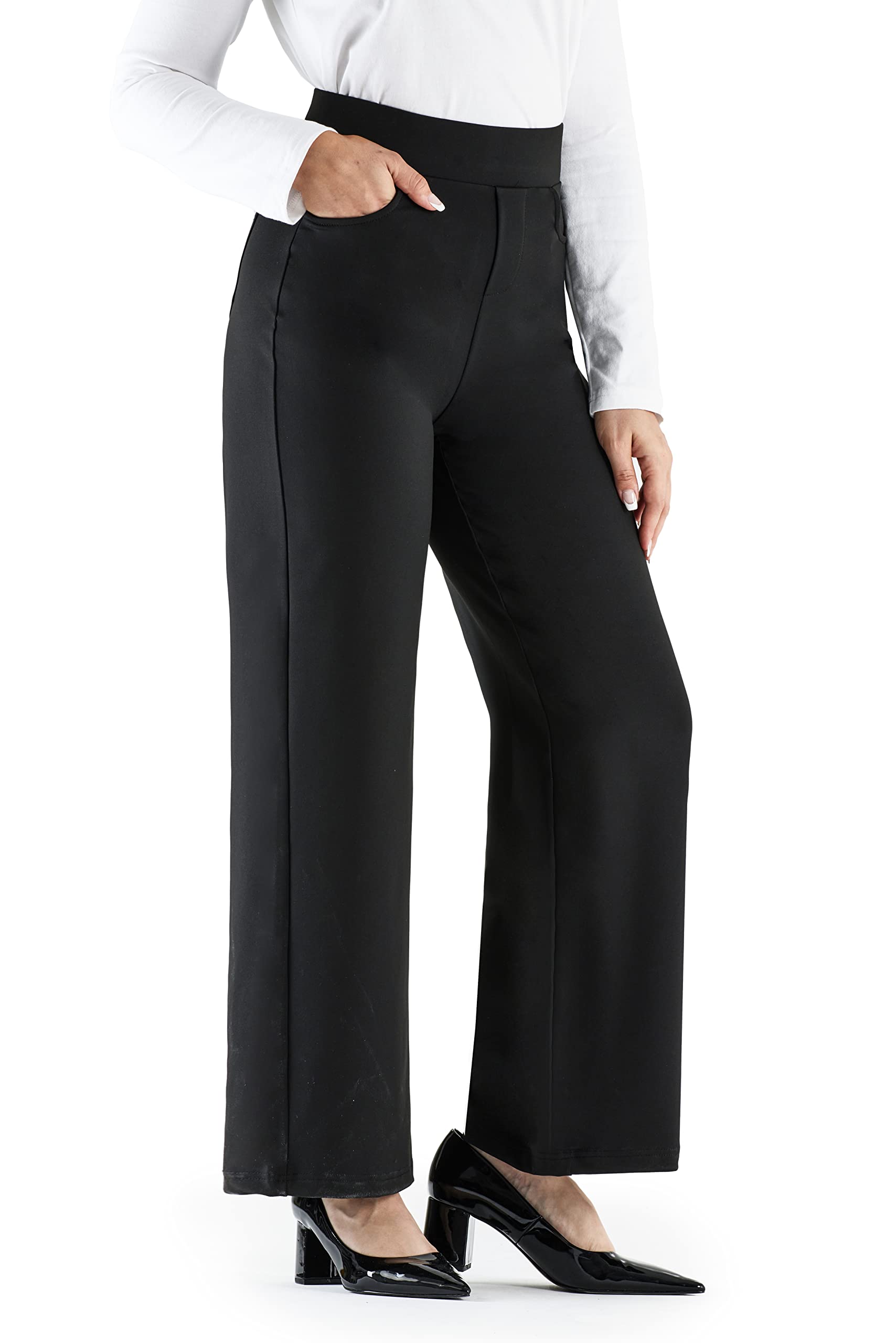 Bamans Women's Wide Leg Pull-On Palazzo Pants - High Waist Comfortable Casual Trousers with Pockets for Work, Office & Everyday Wear
