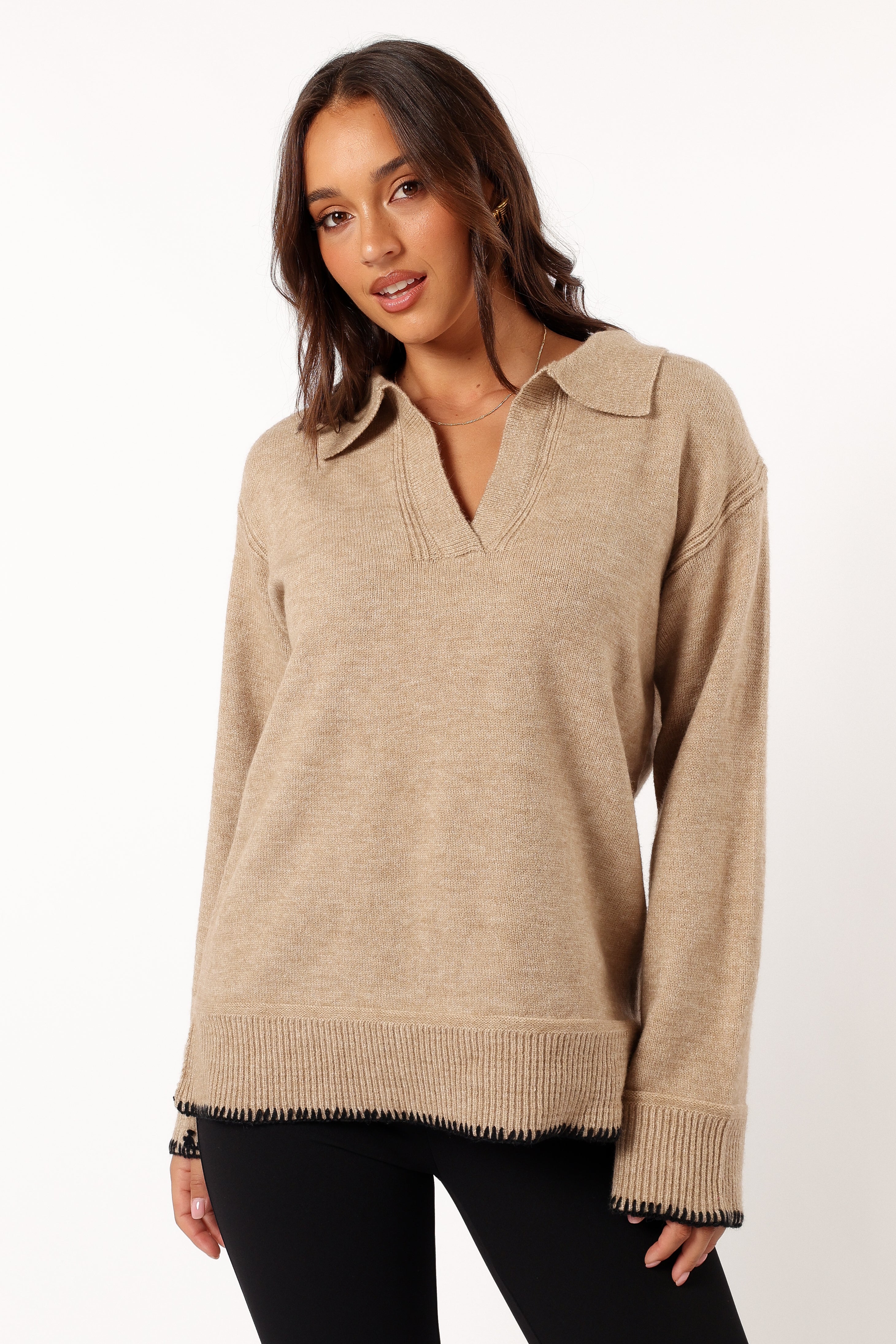 Elise Contrast Hem Knit Sweater for Women - Soft Taupe Pullover, Cozy Winter Fashion, Perfect for Office, Casual Outings & Holiday Gatherings