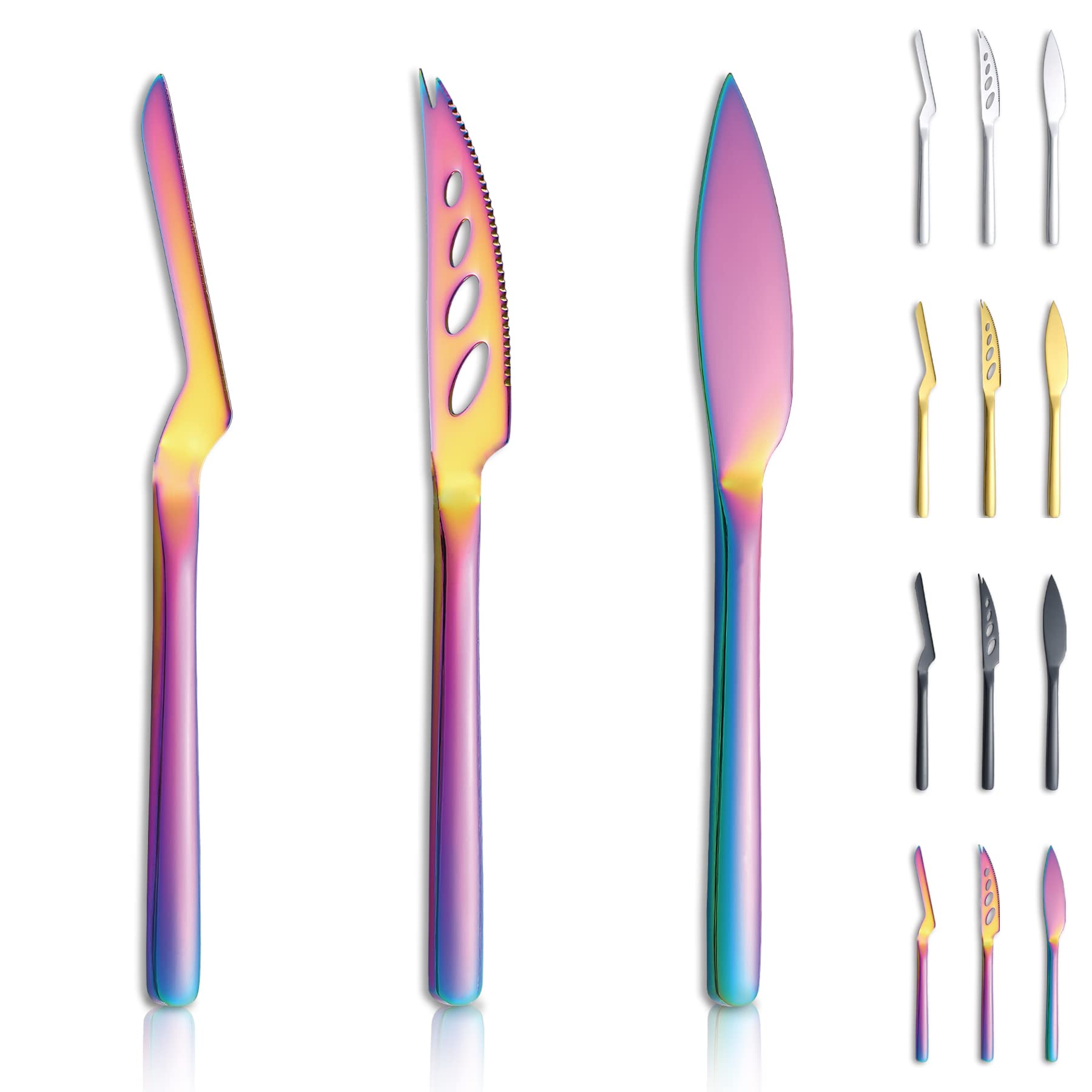 Kyraton 3-Piece Rainbow Cheese Knife Set - Ergonomic Titanium Plated Cheese Slicer, Butter Knife & Cheese Cutter for Hard & Soft Cheeses - Perfect for Charcuterie Boards, Wine Parties & Gourmet Cooking