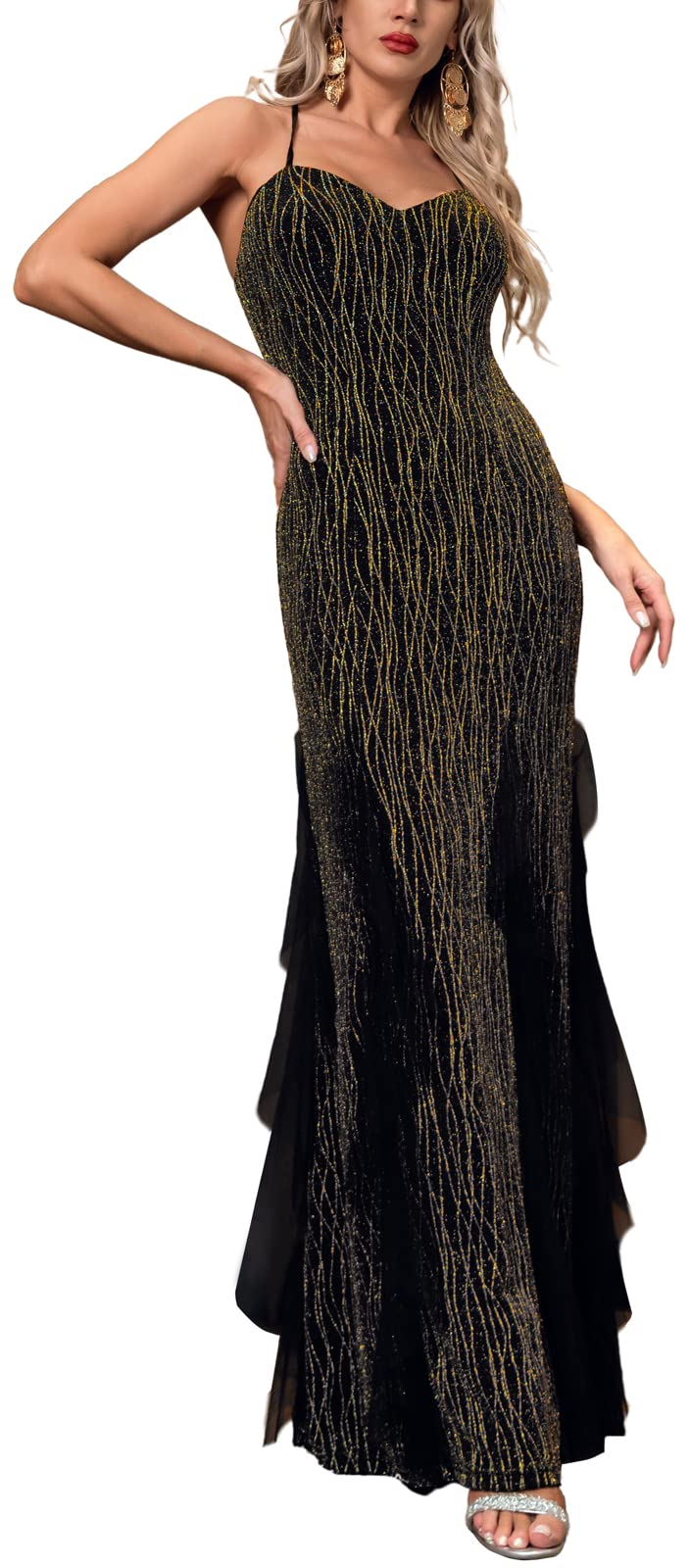 Aigniffiy Women's Fishtail Evening Dress - Sexy Black & Silver Sling Party Gown, Long Formal Dress for Night Out, Prom, Wedding Guest