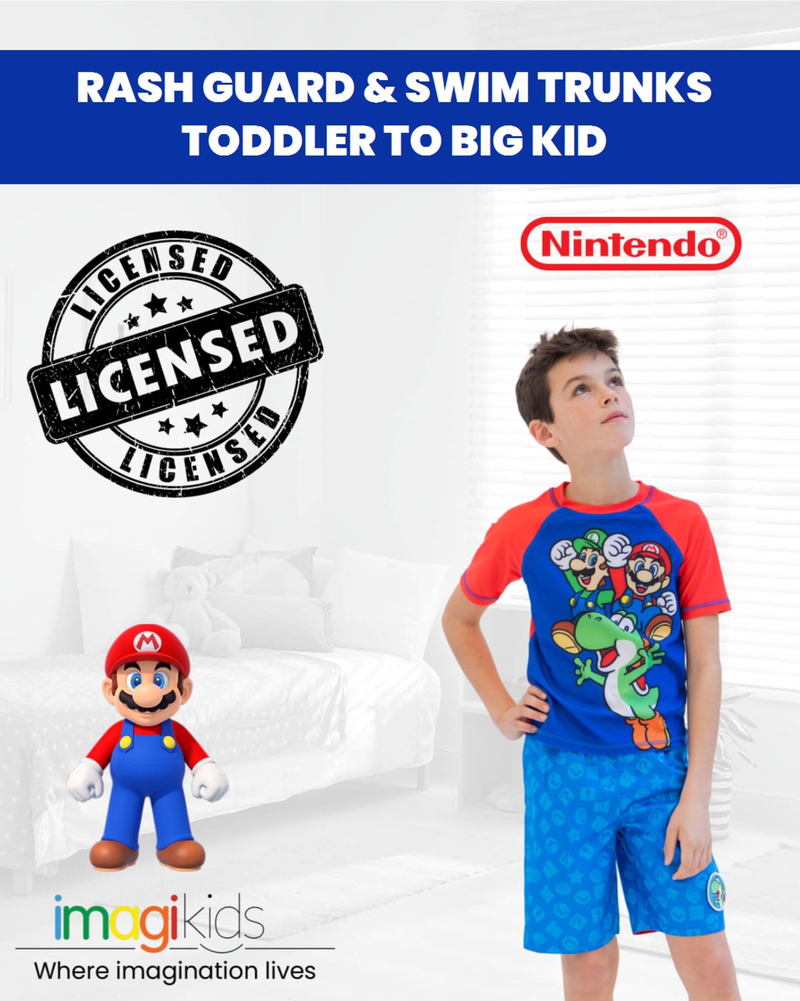 Nintendo Super Mario Luigi Yoshi Rash Guard & Swim Trunks Set - Boys' Swimwear for Pool, Beach & Water Park Activities