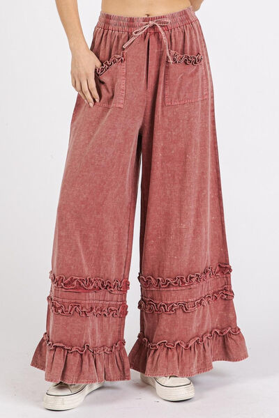 Boho Beachy Wide Leg Pants with Ruffle Trim & Pockets - Mineral Wash Distressed Denim for Women | Casual Summer Outfits, Beach Vacations & Music Festivals