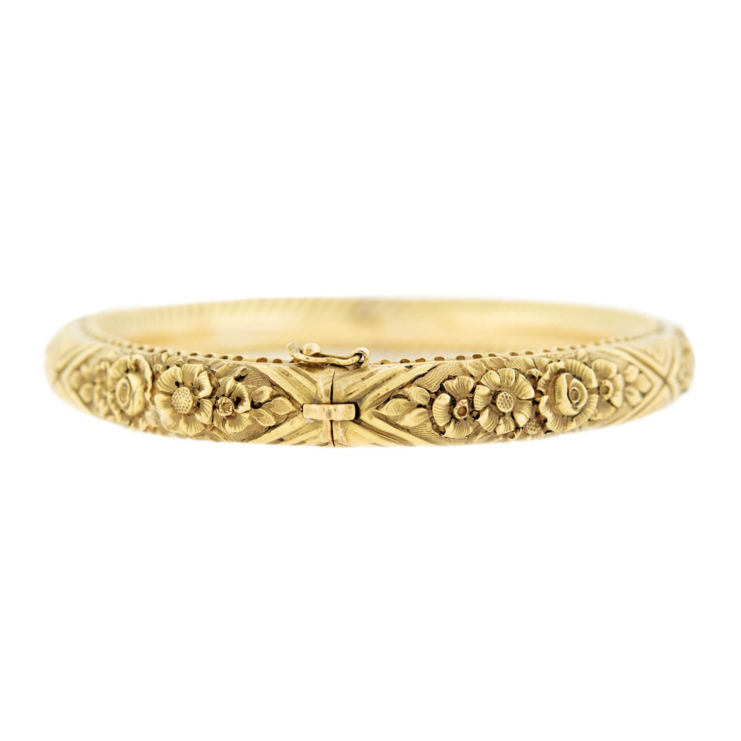 Victorian Style 18k Gold Repoussé Hinged Bangle Bracelet - Elegant Antique Jewelry for Women, Perfect for Weddings, Parties & Special Occasions