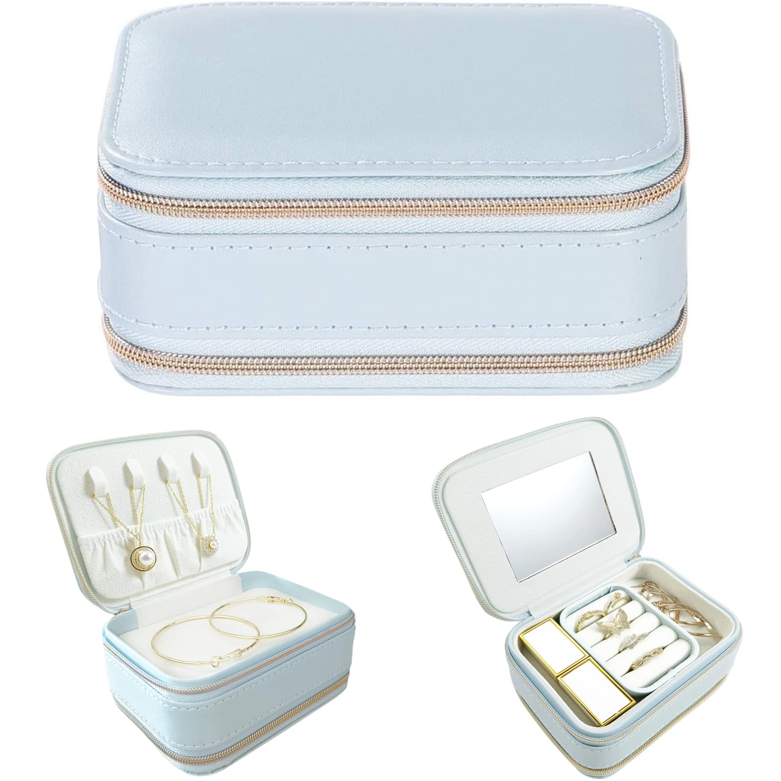 GASVAHA Small Leather Jewelry Box Organizer for Women - Portable Travel Jewelry Case with Display for Rings, Necklaces & Accessories | Perfect for Vacation, Gift Giving & Daily Storage (Light Blue)
