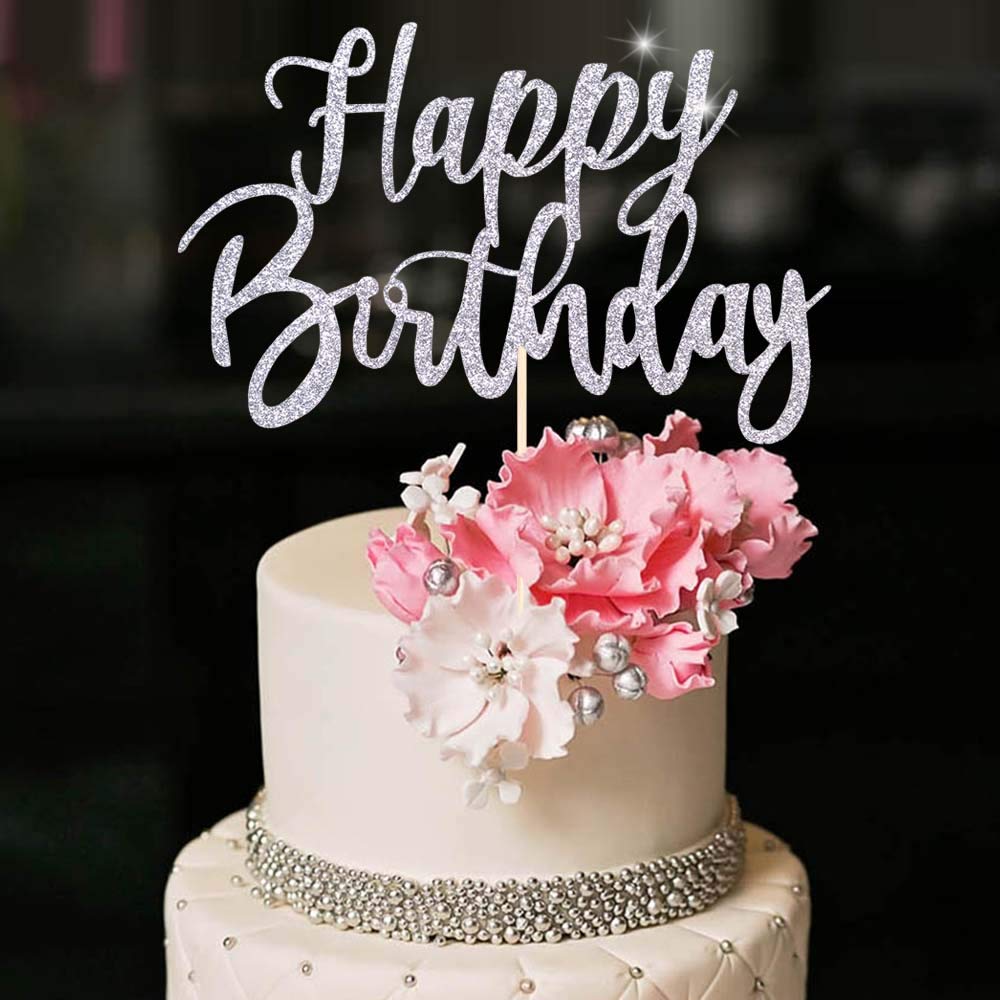 Handmade Glitter Happy Birthday Cake Topper - Silver Cake Bunting Decor for Birthday Party Supplies | Perfect for Wedding, Baby Shower & Anniversary Celebrations