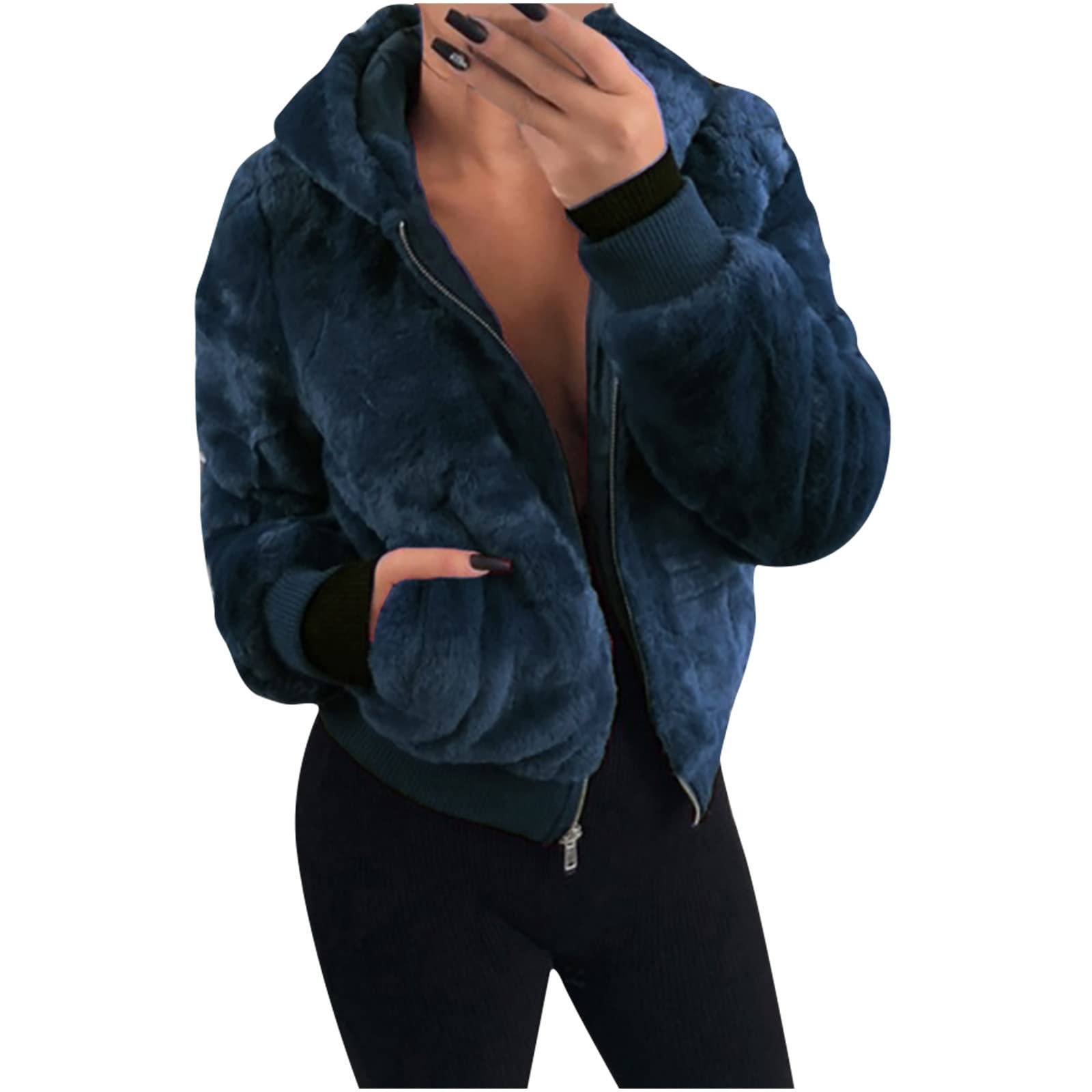 Women's Fluffy Winter Jacket - Hooded Plush Oversized Coat with Pockets, Thick Cropped Zipper Outerwear for Casual Wear, Street Style & Cold Weather Fashion