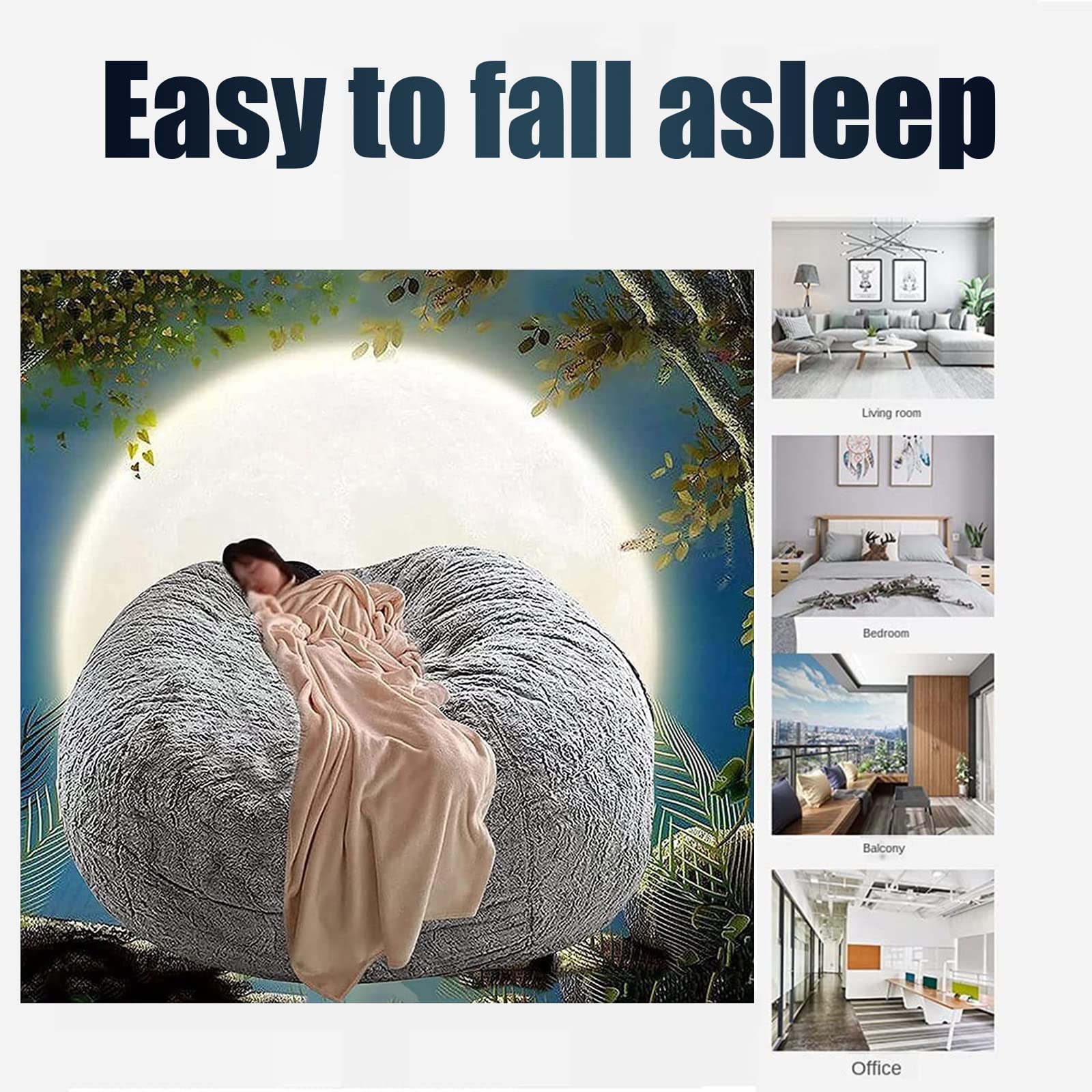 5/6/7ft Giant Fluffy Bean Bag Chair Cover - Soft Plush Washable Beanbag Cover for Adults (No Filler Included) - Cozy Living Room Furniture, Lazy Sofa Bed, Gaming Chair & Lounge Decor