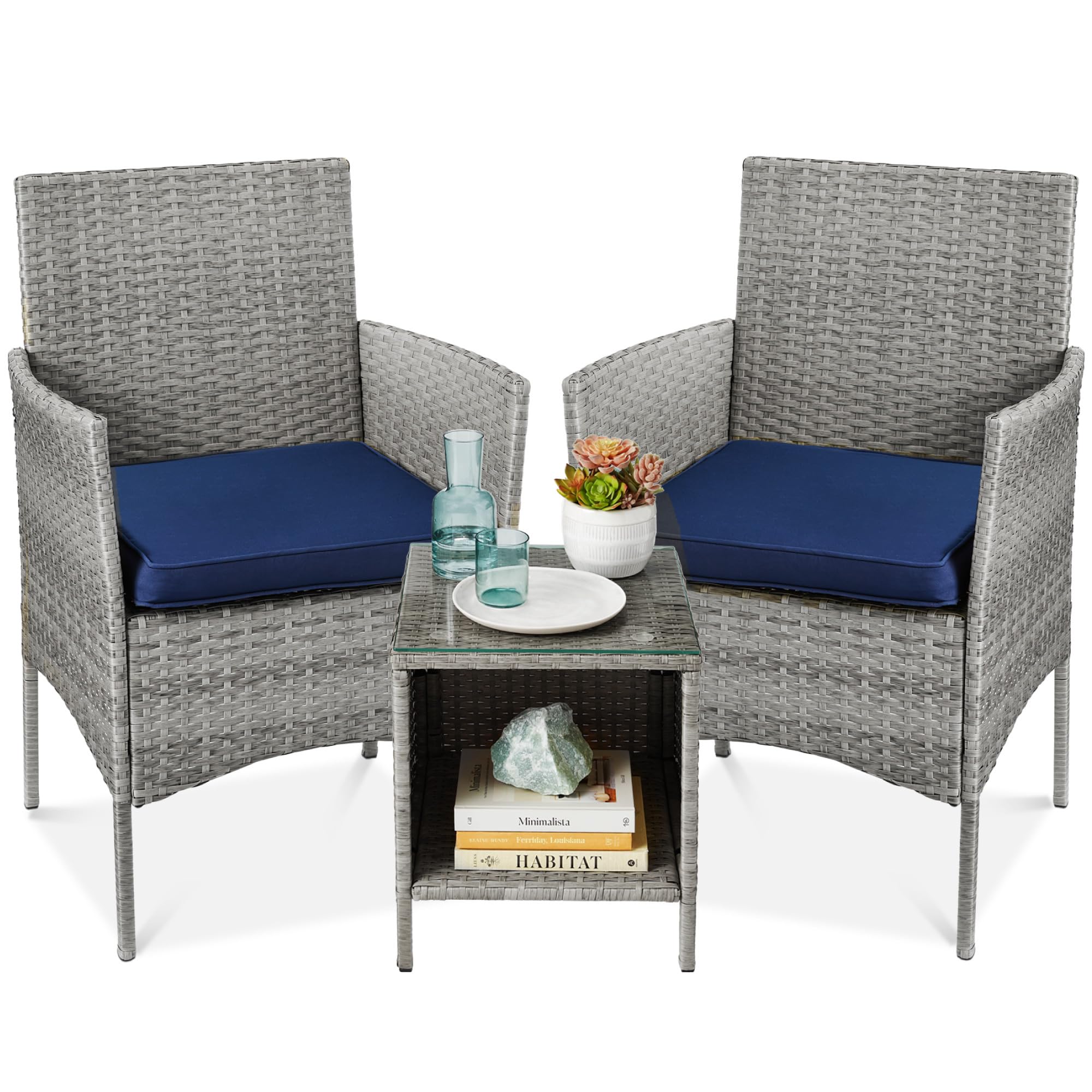 Best Choice Products 3-Piece Outdoor Wicker Conversation Bistro Set - Space Saving Patio Furniture with Side Table for Garden, Balcony & Small Spaces - Gray/Navy - Perfect for Coffee Mornings & Relaxing Evenings
