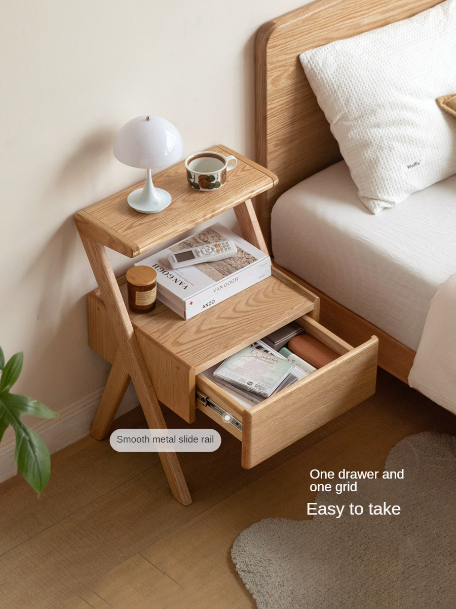 Solid Oak Wood Nightstand with Built-in LED Light - Modern Bedside Table for Bedroom, Living Room & Office