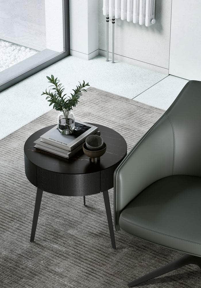 Warren Round Side Table with Drawer - Modern End Table for Living Room, Bedroom, Office - 2 Color Options (White & Black) - Compact Nightstand for Small Spaces