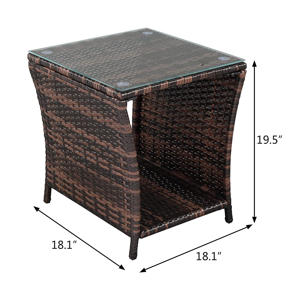 HomVent Outdoor Wicker Rattan Side Table with Tempered Glass Top - Square Coffee Table & End Table with Storage for Patio, Garden, Balcony, Courtyard - Perfect for Relaxing, Entertaining & Outdoor Decor