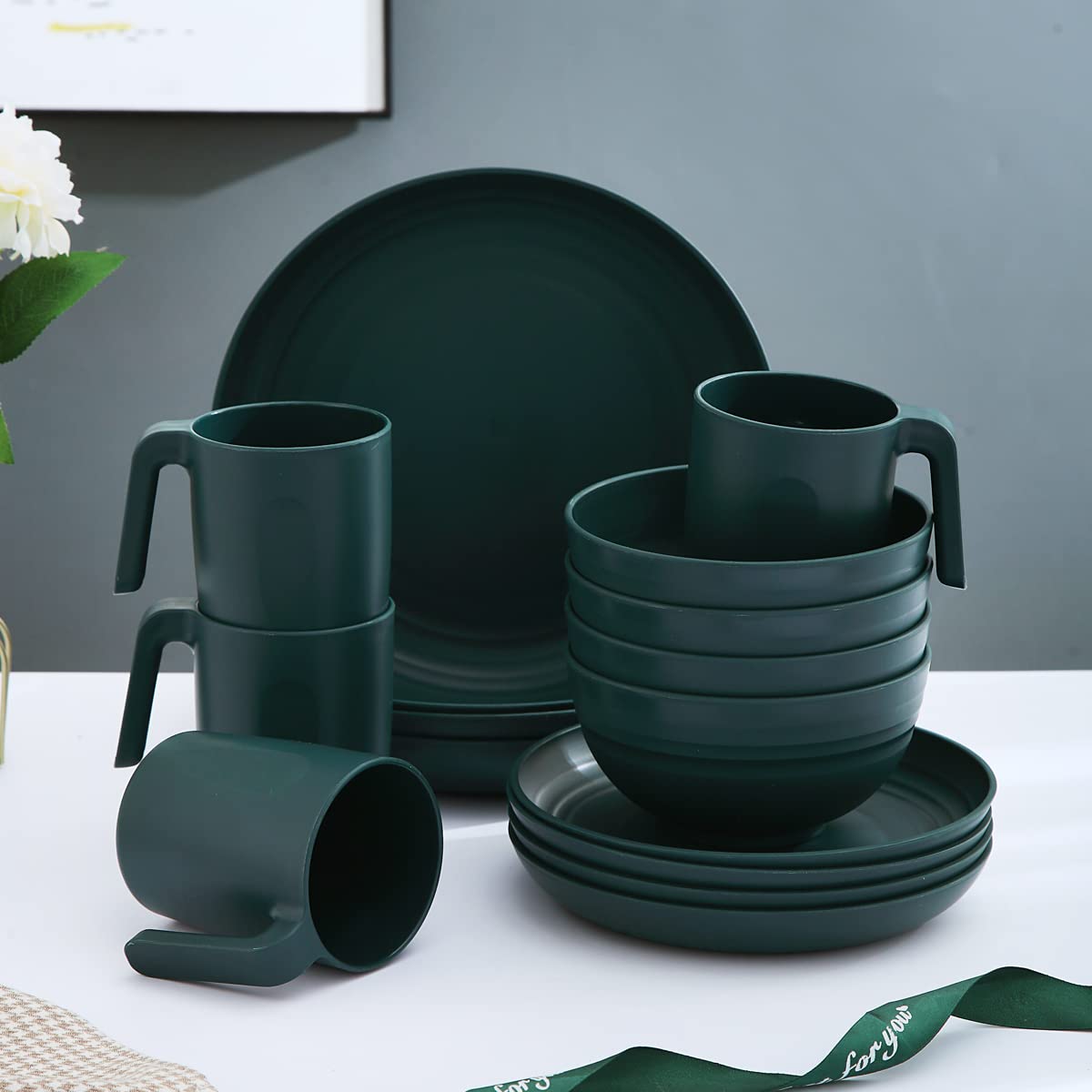 Kyraton 16-Piece Unbreakable Polypropylene Dinnerware Set - Shatterproof, Microwave & Dishwasher Safe BPA-Free Plates, Bowls & Cups - Perfect for Outdoor Dining, Camping, Picnics & Everyday Use (Dark Green)
