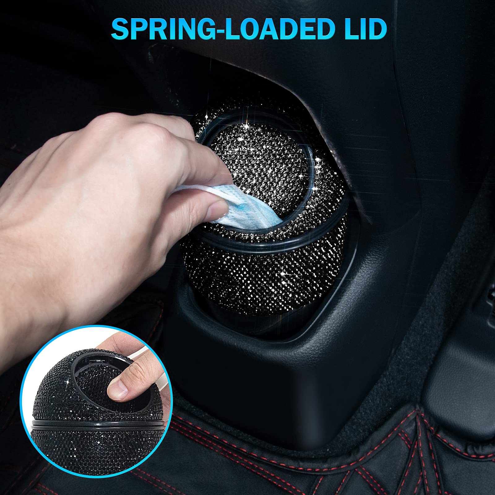 Bling Crystal Car Trash Can with Lid - Mini Auto Garbage Bin for Car, Office & Home - 5 Pack Disposable Bags Included - Perfect for Women's Vehicles, Cup Holder & Small Space Organization (Black)