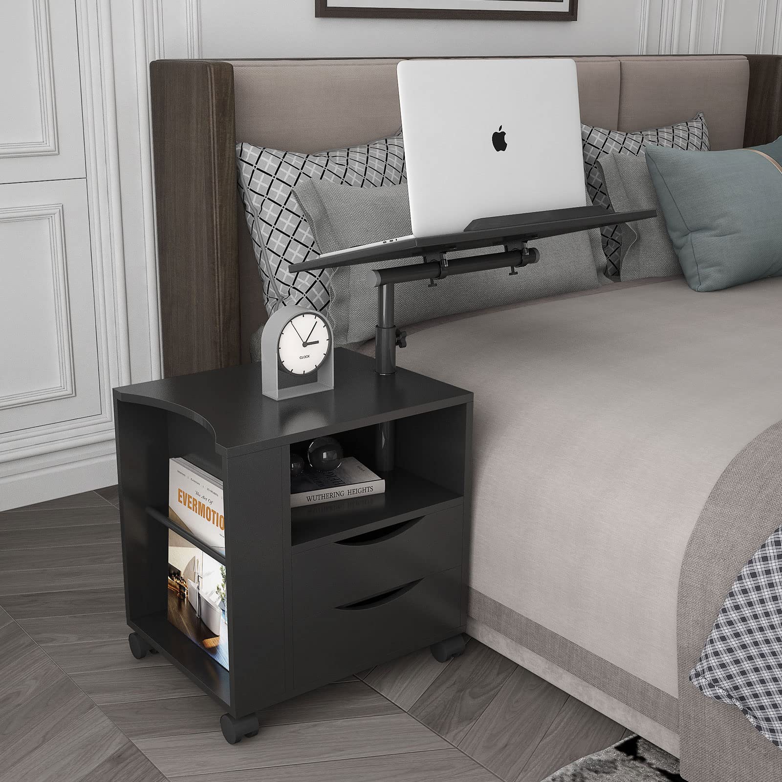 Adjustable Height Overbed Table with Swivel Top - Wooden Rolling Nightstand with Storage Drawers & Open Shelf - Perfect for Hospital Beds, Nursing Homes & Home Care (Black)