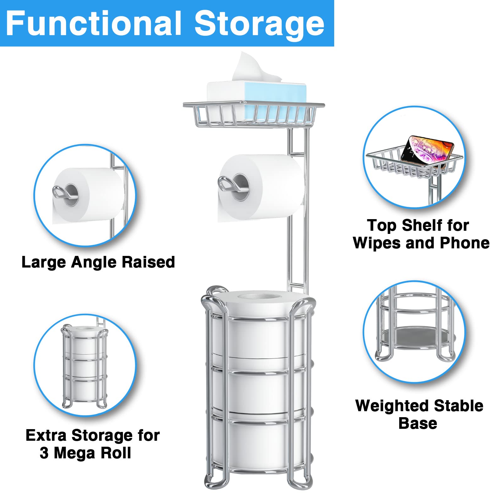 Free Standing Toilet Paper Holder with Shelf for Phone - Chrome Bathroom Tissue Roll Storage Rack Holds 4 Mega Rolls | Perfect for Small Bathrooms, Powder Rooms & Vanity Organization