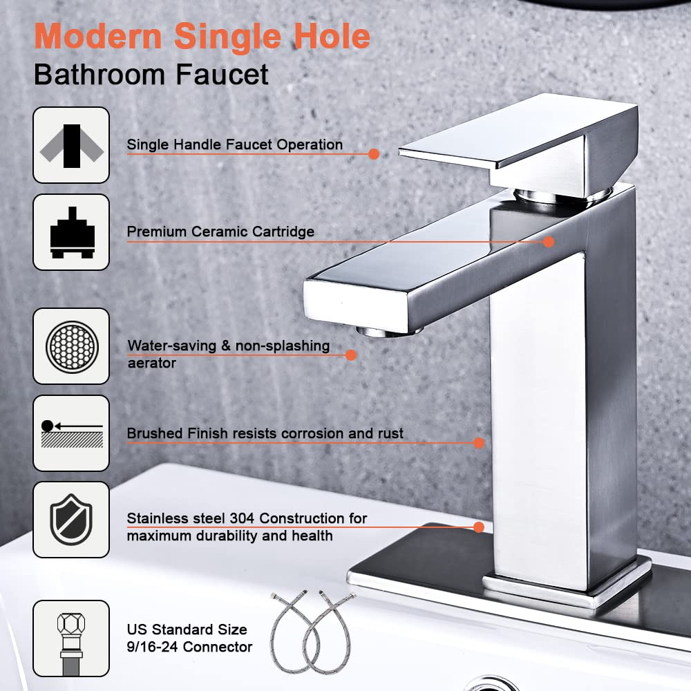 Brushed Nickel Single Hole Bathroom Faucet - Modern Single Handle Stainless Steel Vanity Sink Faucet with Pop-Up Drain Stopper & Water Supply Hoses - Perfect for Bathroom Renovation & Small Space Sinks