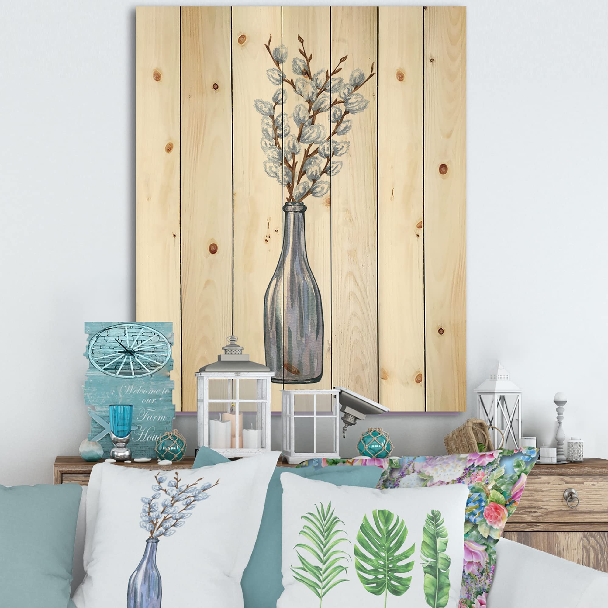 Farmhouse Wood Wall Decor - Blue Pussy Willow Twigs Wall Art, Large Floral Wood Panels Printed on Natural Pine | Rustic Home Decor for Living Room, Bedroom & Office