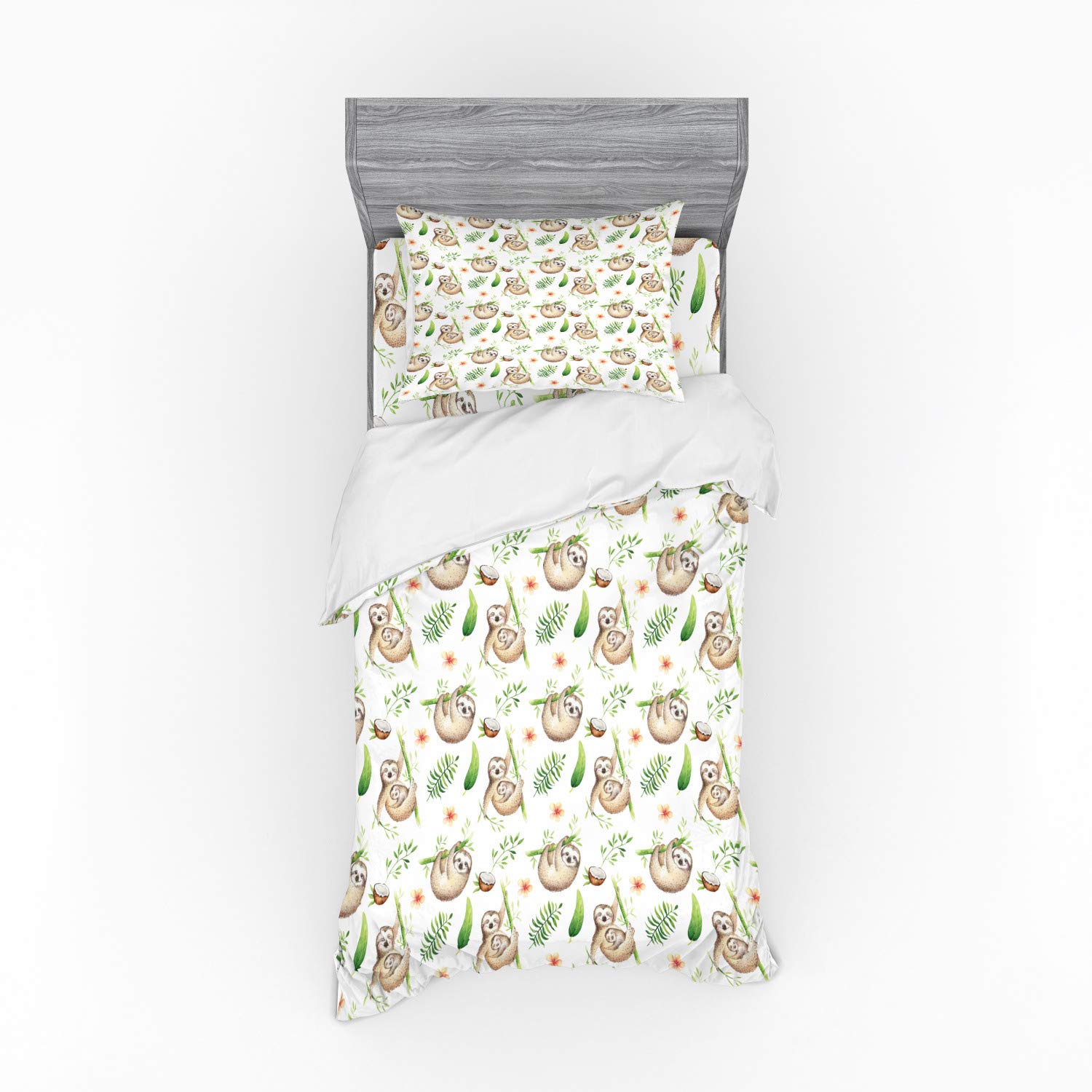 Ambesonne Sloth Duvet Cover Set - 3 Piece Twin Size Bedding with Sham & Fitted Sheet, Soft Floral Coconut Tree Leaves Design in Pale Brown Green - Perfect for Kids' Rooms, Nursery Decor or Sloth Lovers' Bedroom