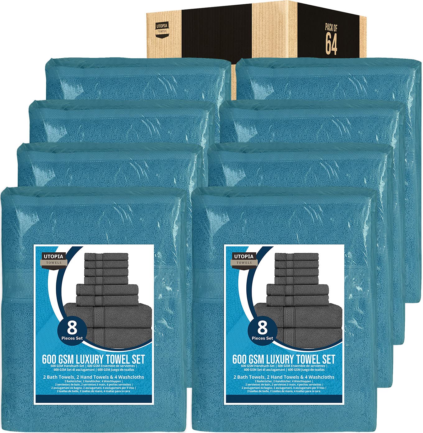 Premium 600 GSM Ring Spun Cotton Bath Towel Set - 16 Bath Towels, 16 Hand Towels & 32 Washcloths | Ultra Absorbent & Soft for Bathroom, Shower & Spa | Luxury Hotel Quality Towels in Teal (64-Piece Set) - Perfect for Home, Gym & Guest Use