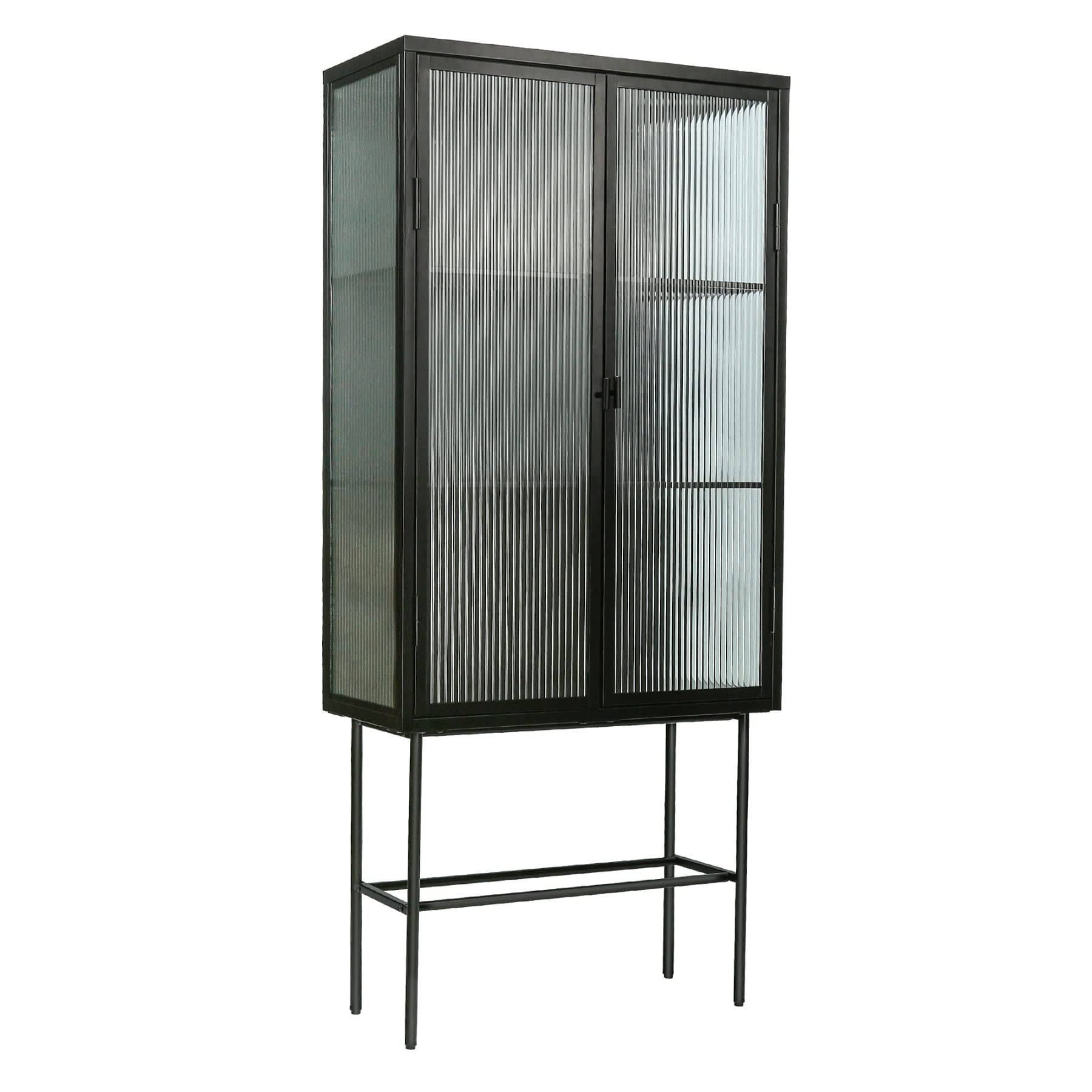 Fluted Glass Storage Cabinet - Dust-Free Tall Display Cabinet with 3 Adjustable Shelves for Dining Room, Living Room, Kitchen & Entryway - Modern Corner Sideboard (Black, Dual Doors) - Perfect for Showcasing China, Storing Linens or Organizing Bathroom Essentials