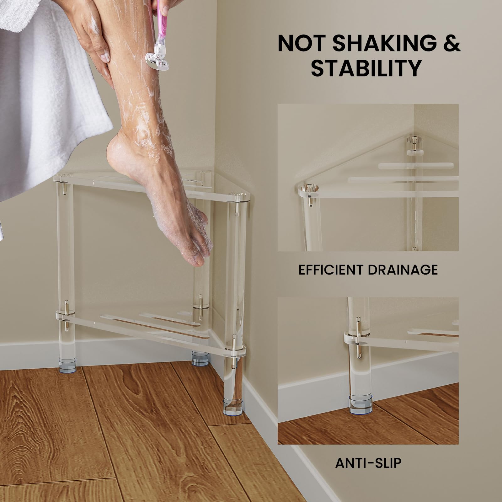 Acrylic Triangle Shower Stool with Storage Shelf - 11.42
